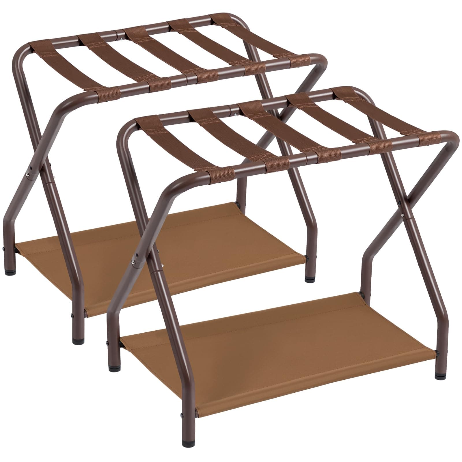Folding Luggage Rack Set of 2 for Guests, Metal with Storage Shelf, Bronze.