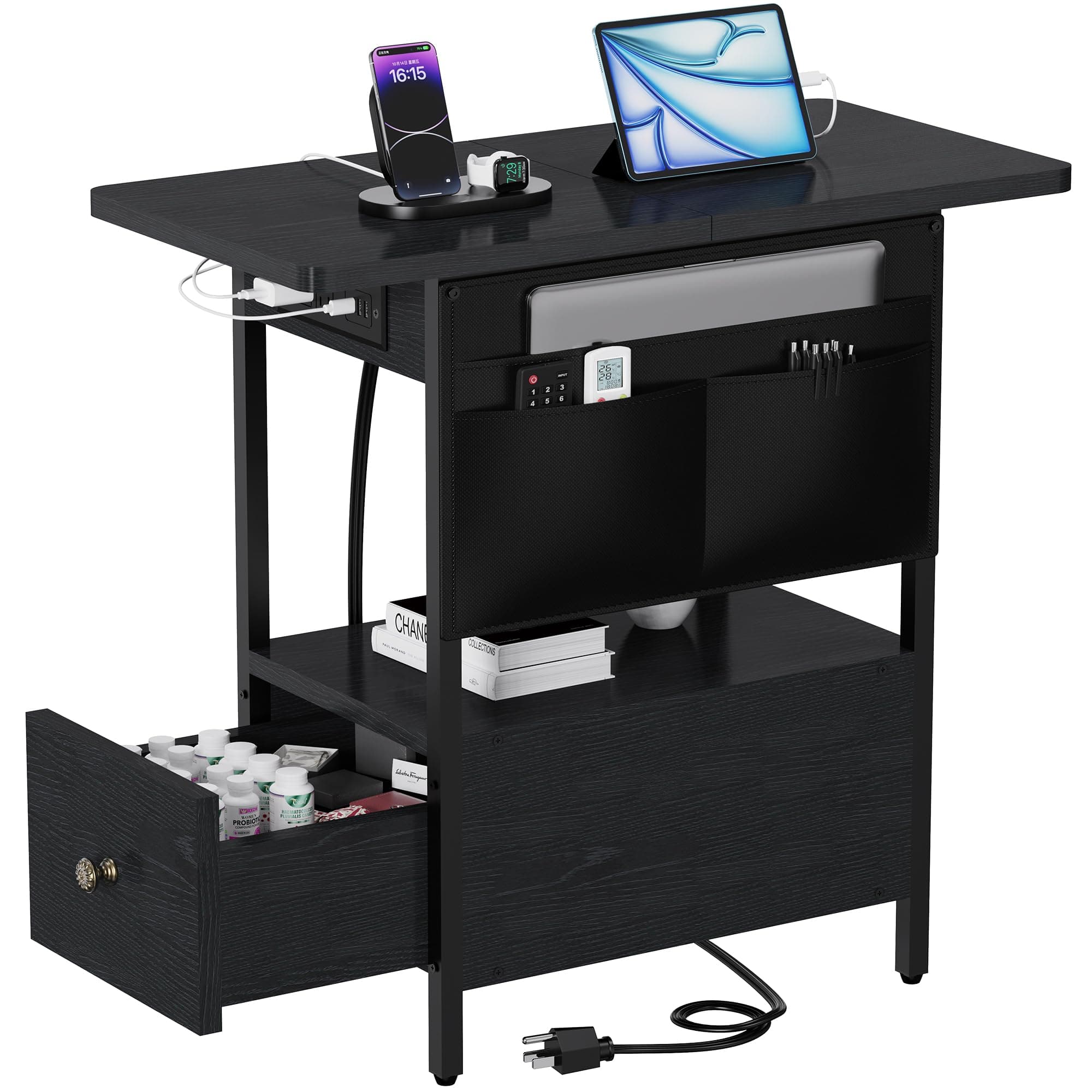 Narrow Nightstand with Storage & Charging for Small Spaces