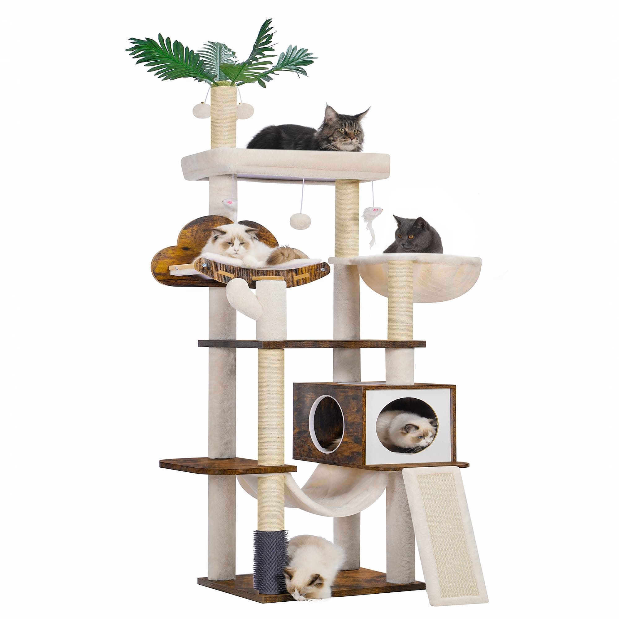 Hebly Wood Cat Tree for Large Cats with Groomer, Scratcher, Hammock & Ball, Rustic Brown