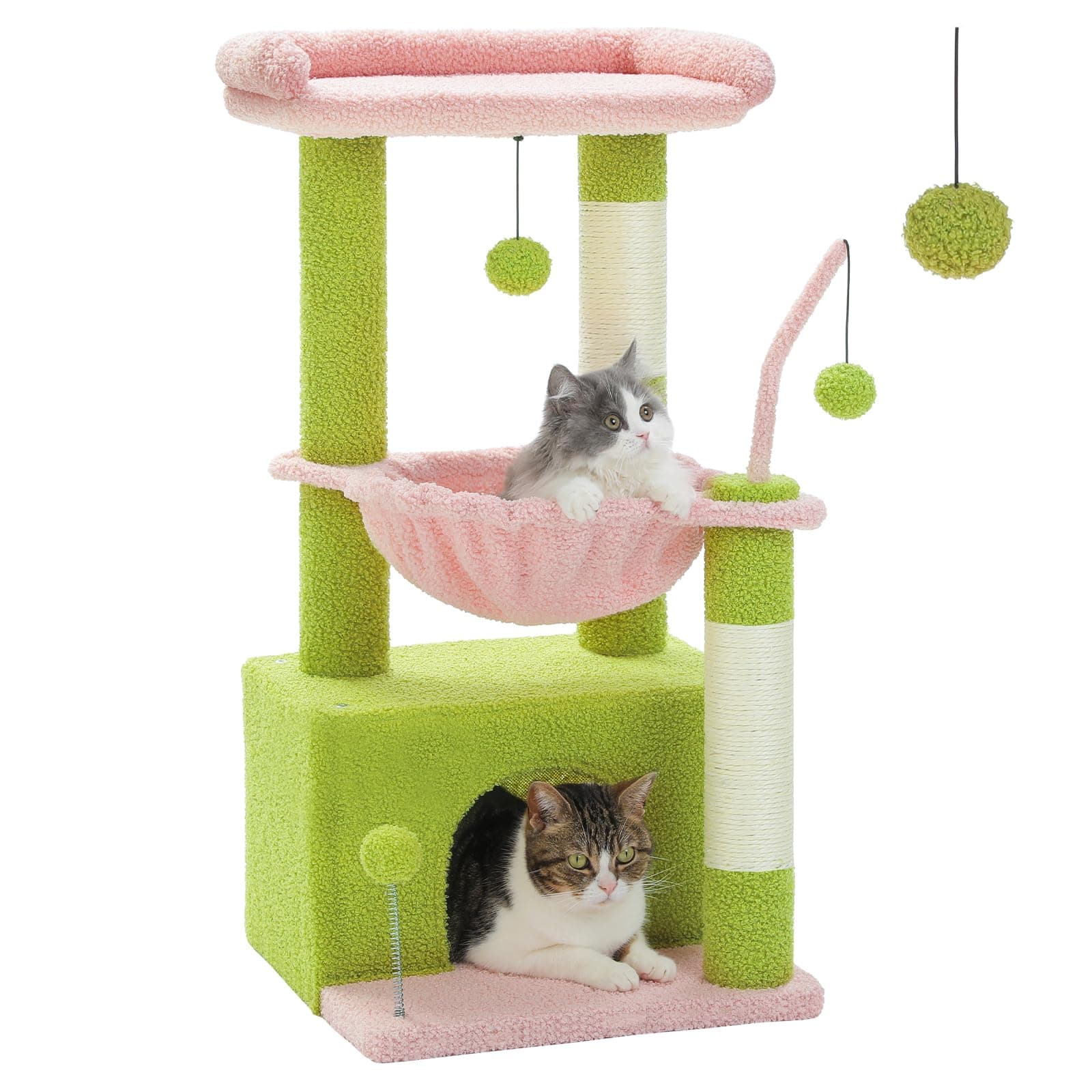 PEQULTI 4-in-1 Multi-Level Pink Cat Tower with Hammock & Scratching Post