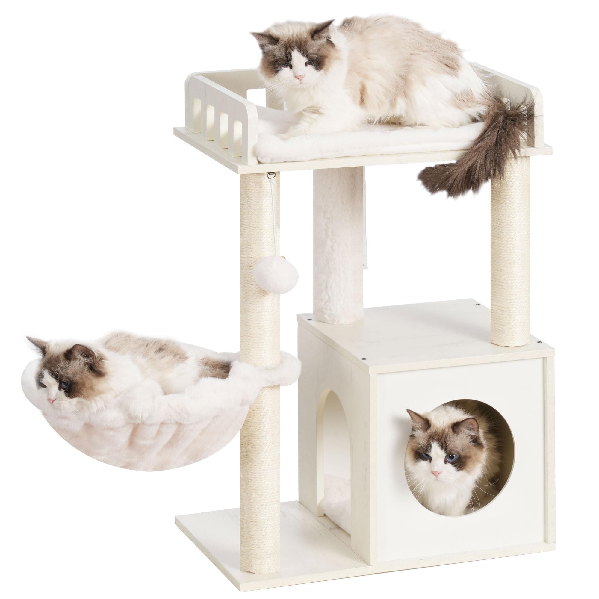 Heybly Modern Cat Tree for Indoor Cats with 3 Scratching Posts and Wood Cave, Plush Perch, and Basket, White HCT007SWT
Heybly Cat Tower with 3 Scratching Posts and Wood Cave for Cats, Plush Perch and Basket, White HCT007SWT
Heybly White Modern Cat Tr