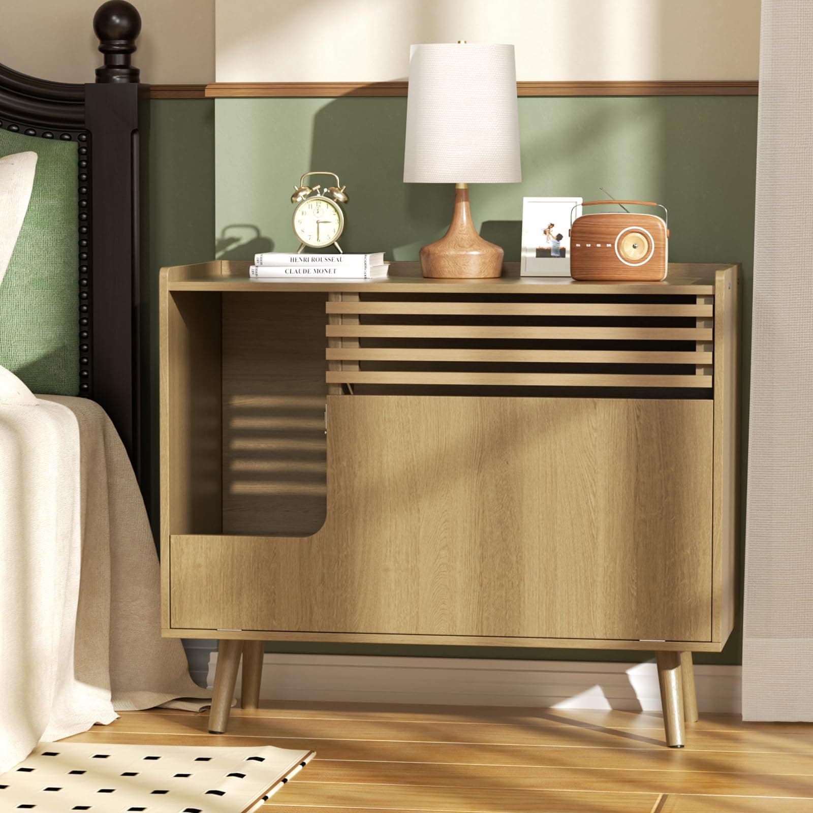 Mid-Century Modern Cat Litter Box with Scratch Pad & Flip-Down Opening 32.8" x 18.7" x 29"H Natural