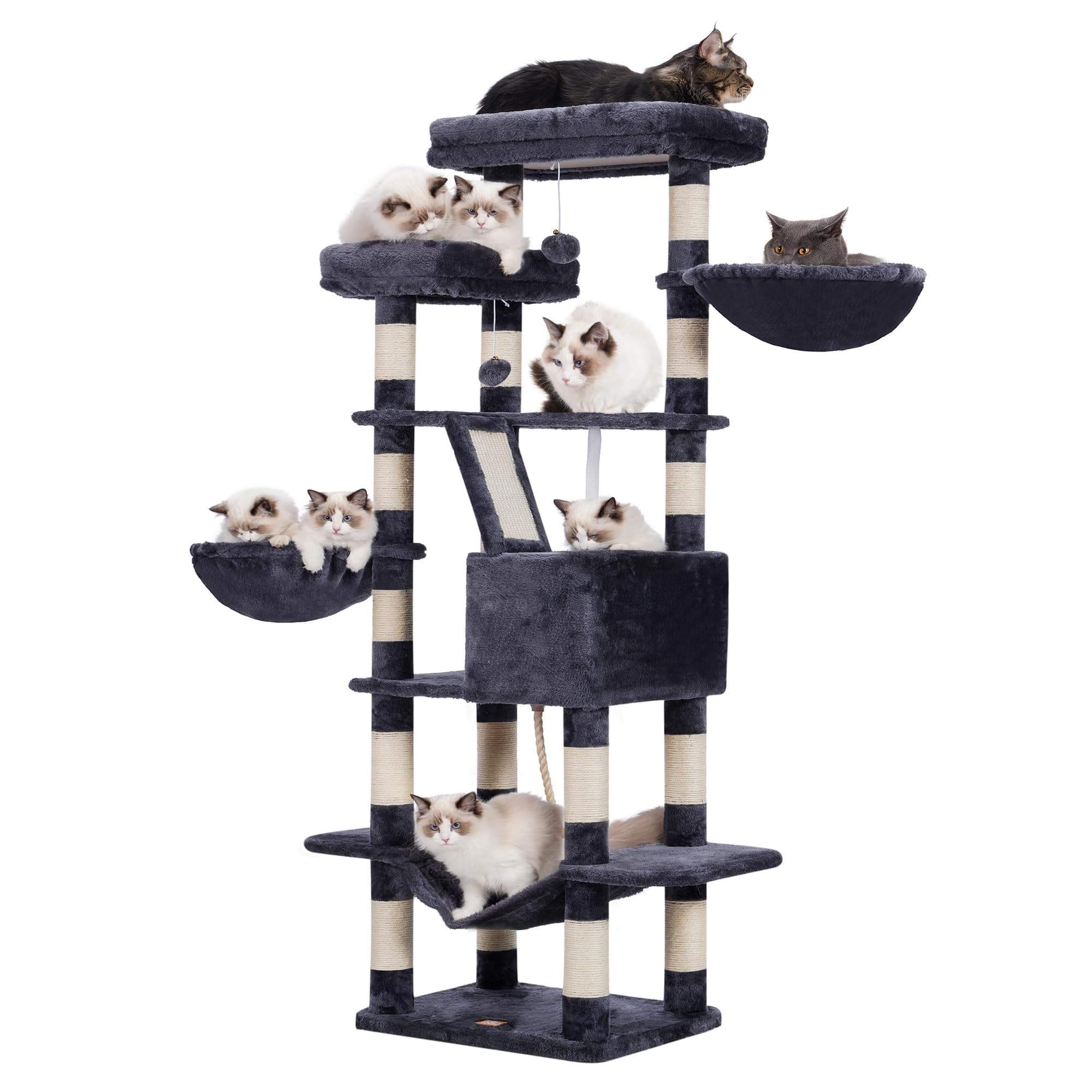 Heybly 68 Inch Multi-Level Cat Tree with Plush Perches and Caves HCT025G