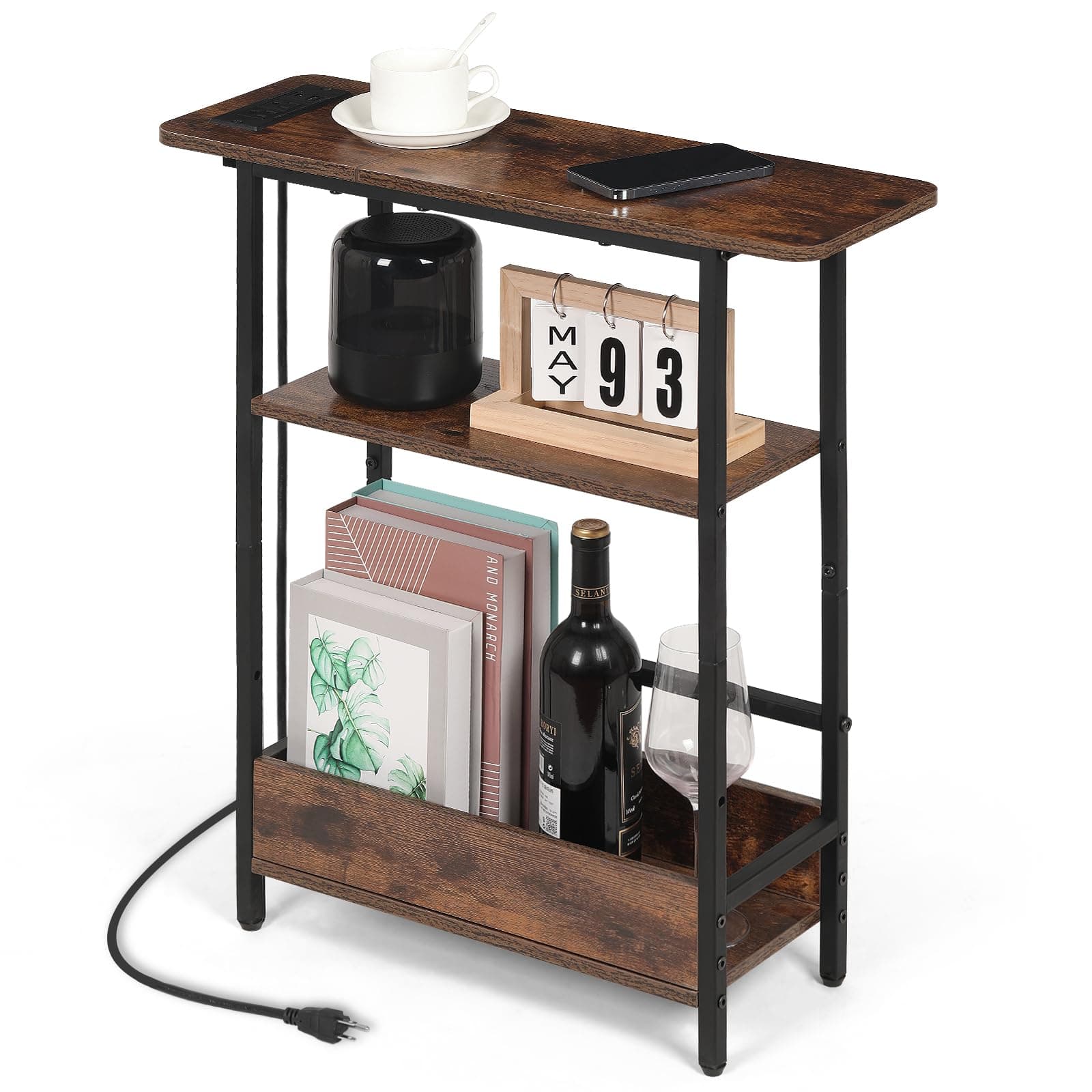 Slim Charging End Table with 3-Tier Stand for Living Room