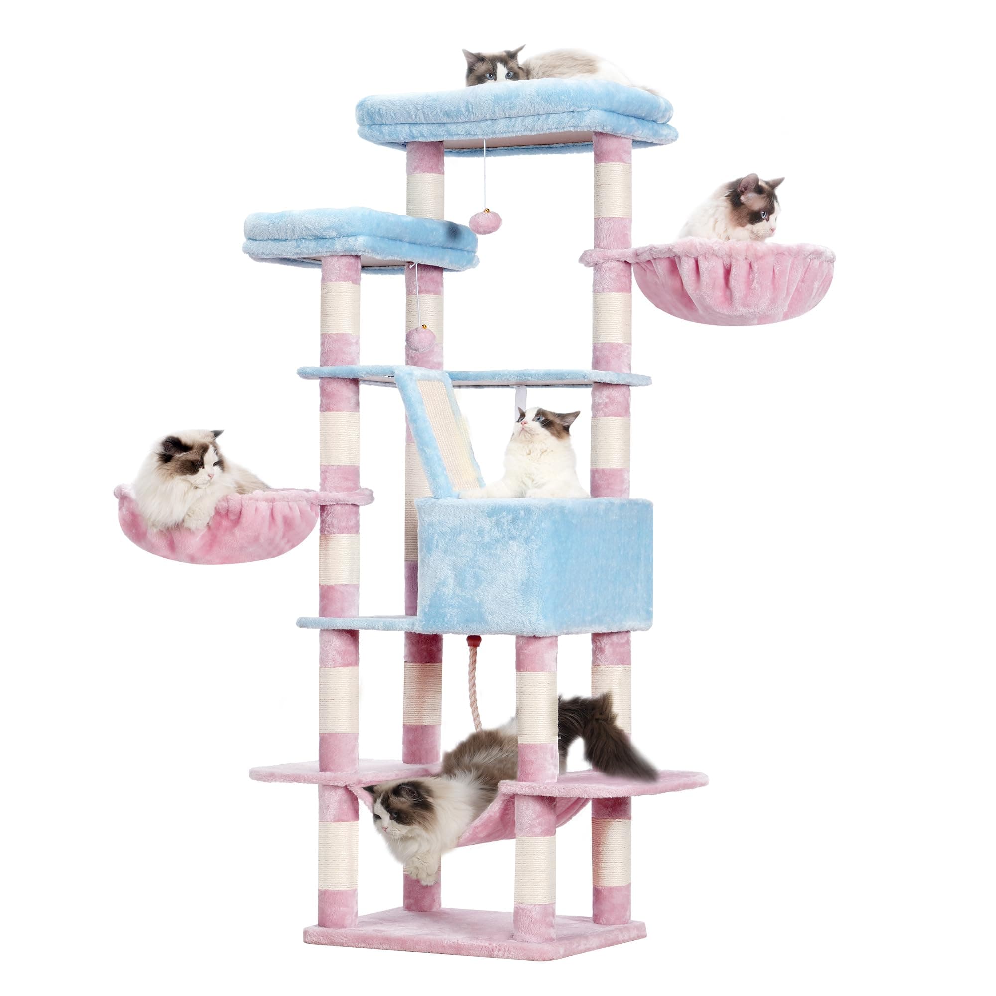 68 inch Multi-Level Cat Tower for Indoor Cats with Scratching Board & Caves, Blue/Pink