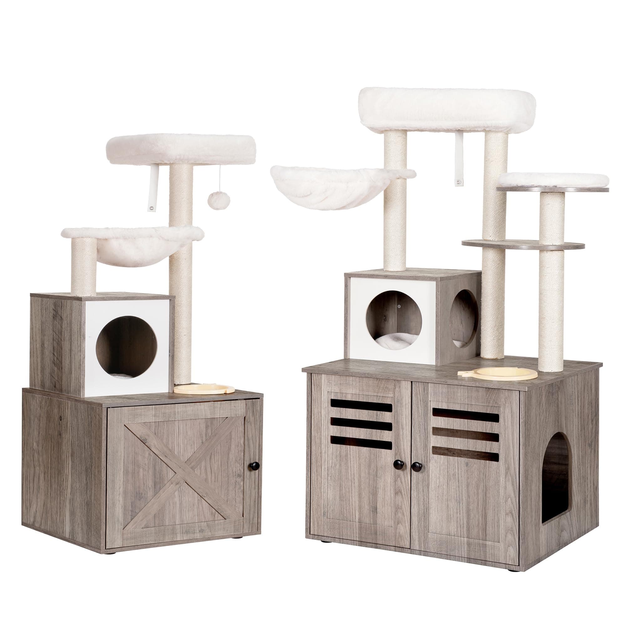 Heybly Cat Tree: Wood Litter Box & Food Station, Modern Indoor Furniture