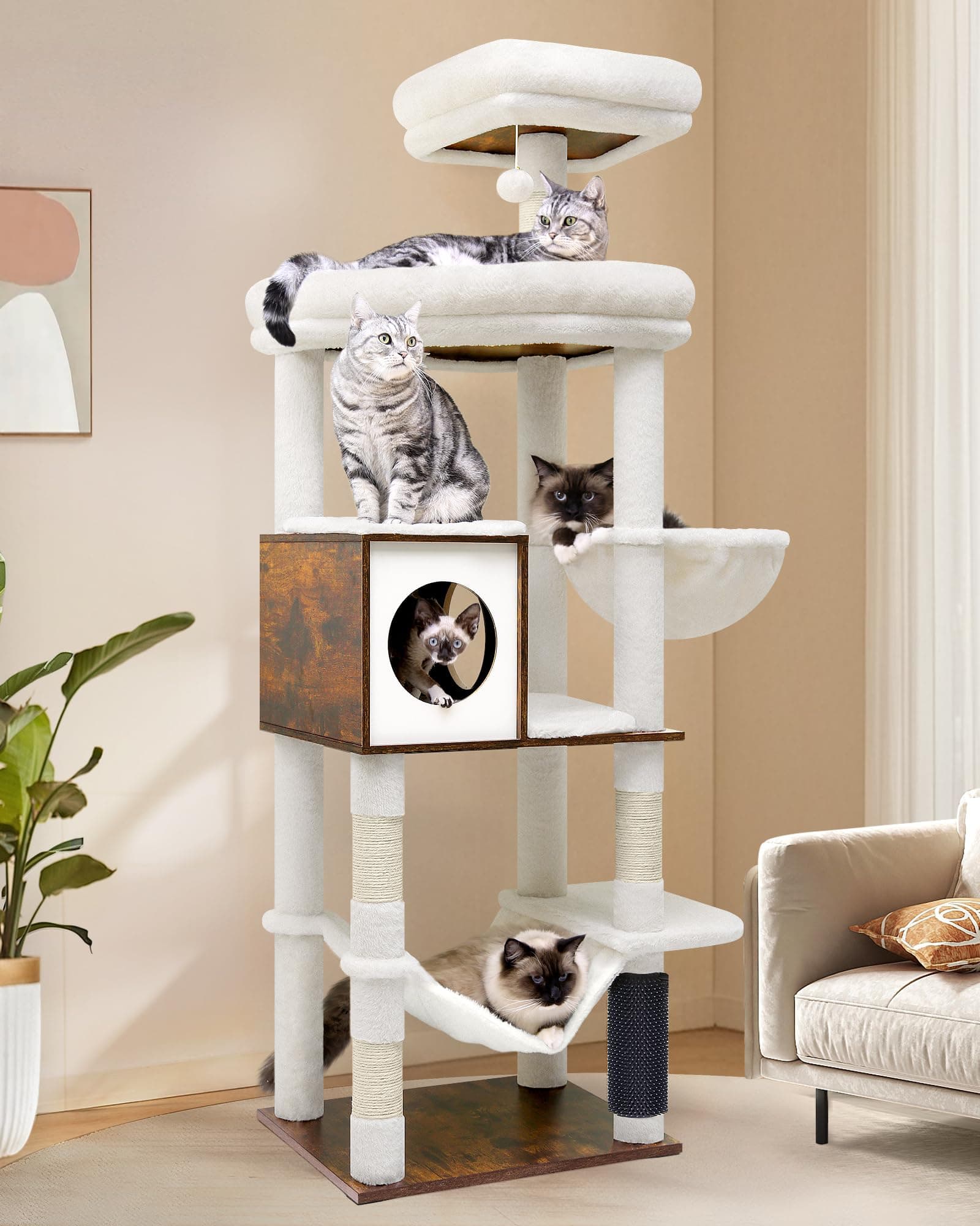 Tall 66-inch Modern Cat Tower for Indoor Cats with 4 Scratching Posts