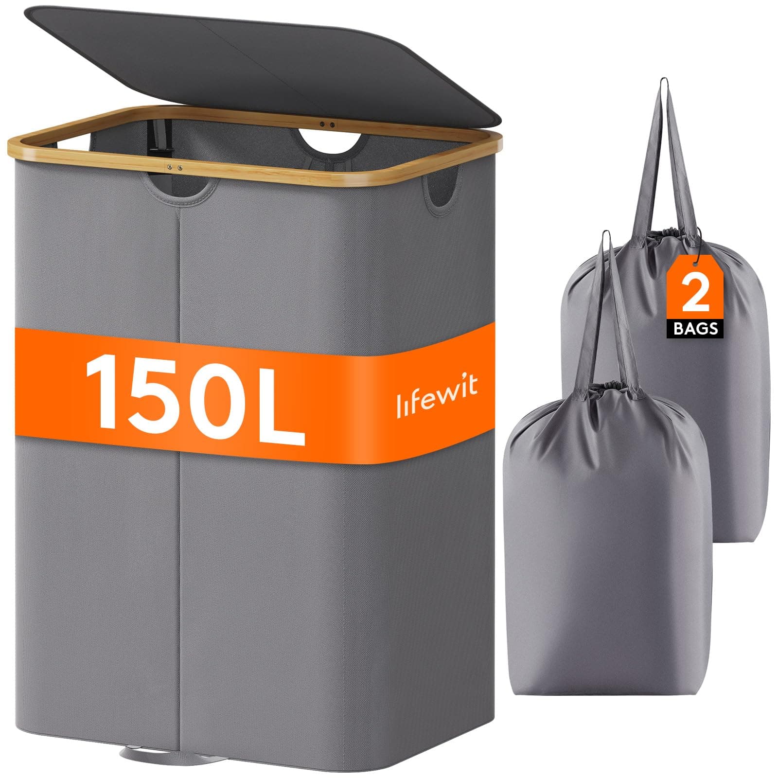 Lifewit 150L Double Laundry Hamper, Large Foldable Basket, Grey