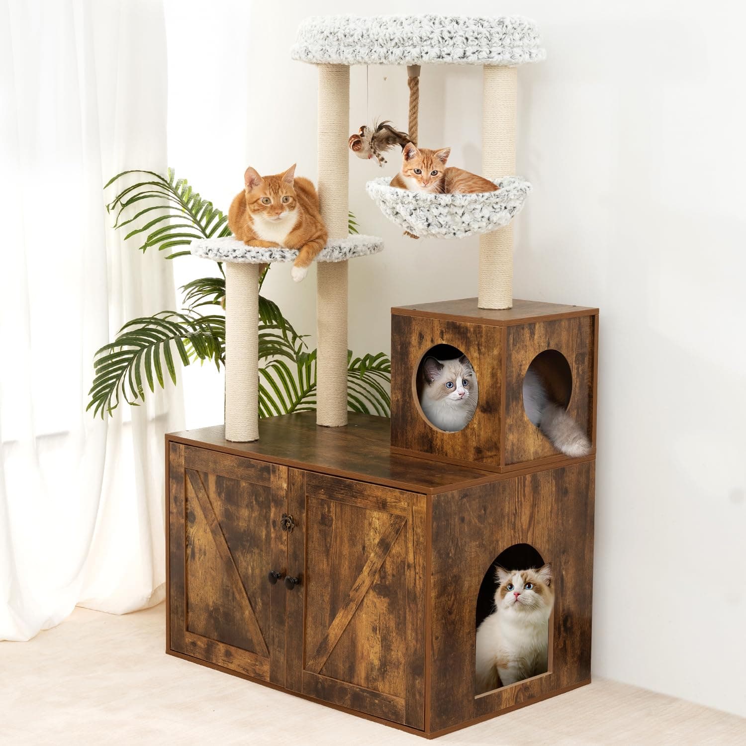 55in Cat Tree with Litter Box Enclosure and Food Station for Cats