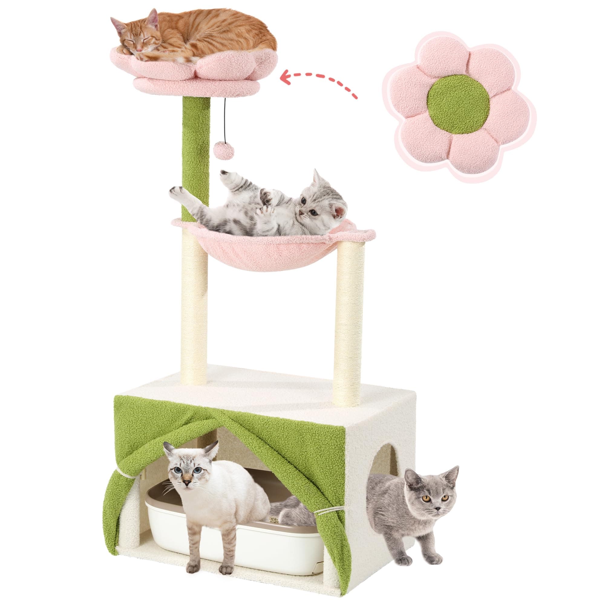 HOMBYS 46 Inch Flower Cat Tree with Litter Box & Storage, Soft Fleece & Sisal