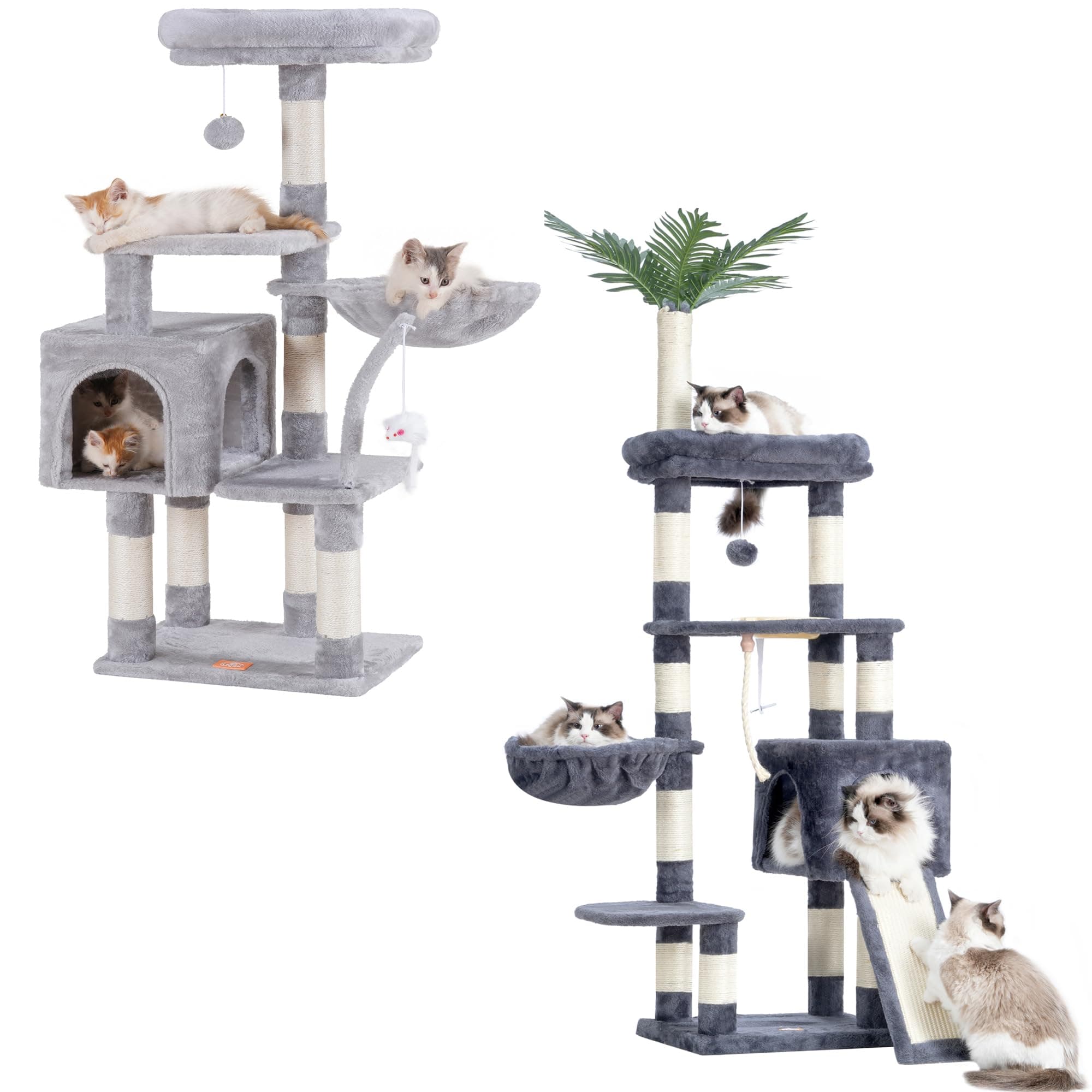 Heybly Cat Tree, 65.4 Cat Tower for Indoor Cats, Multi-Level Condo with Perches, Basket, Feeding Bowl, and Scratching Posts