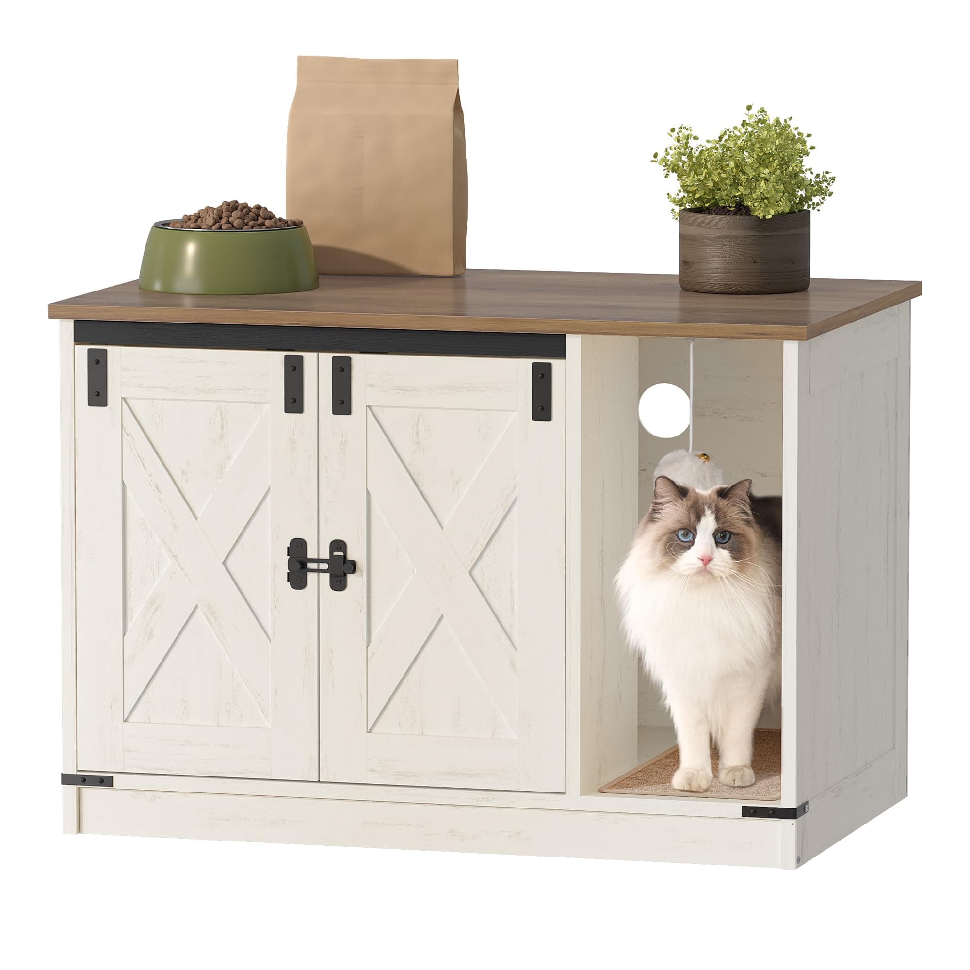 Rustic Brown and White Hidden Cat Litter Box Cabinet, CB82414X