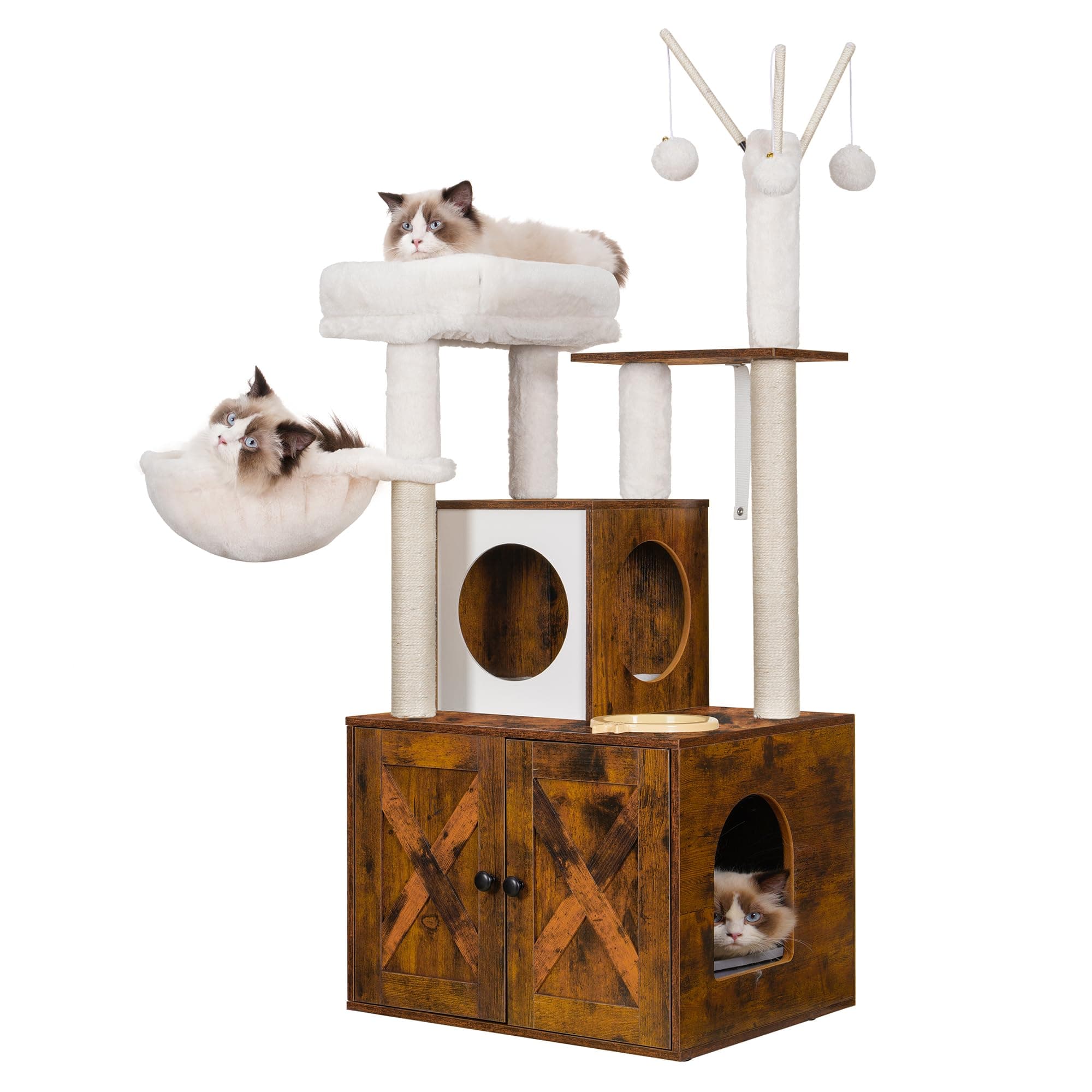 Heybly Cat Tree with Litter Box Enclosure and Food Station, Indoor Furniture for Cats in Modern Style (Rustic Brown)