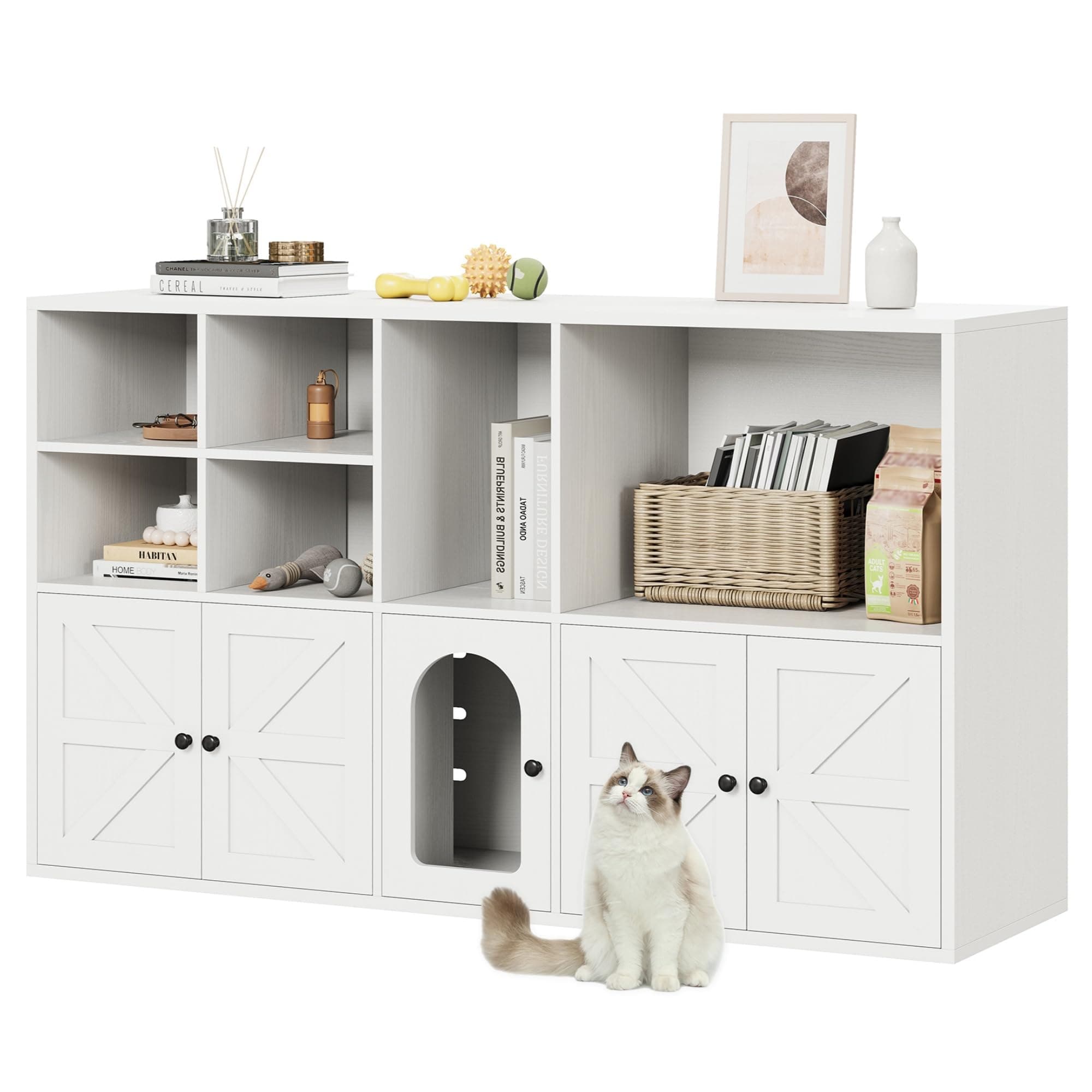 IRONCK 2-cat Litter Box Enclosure, White, Hidden Furniture with Large Storage