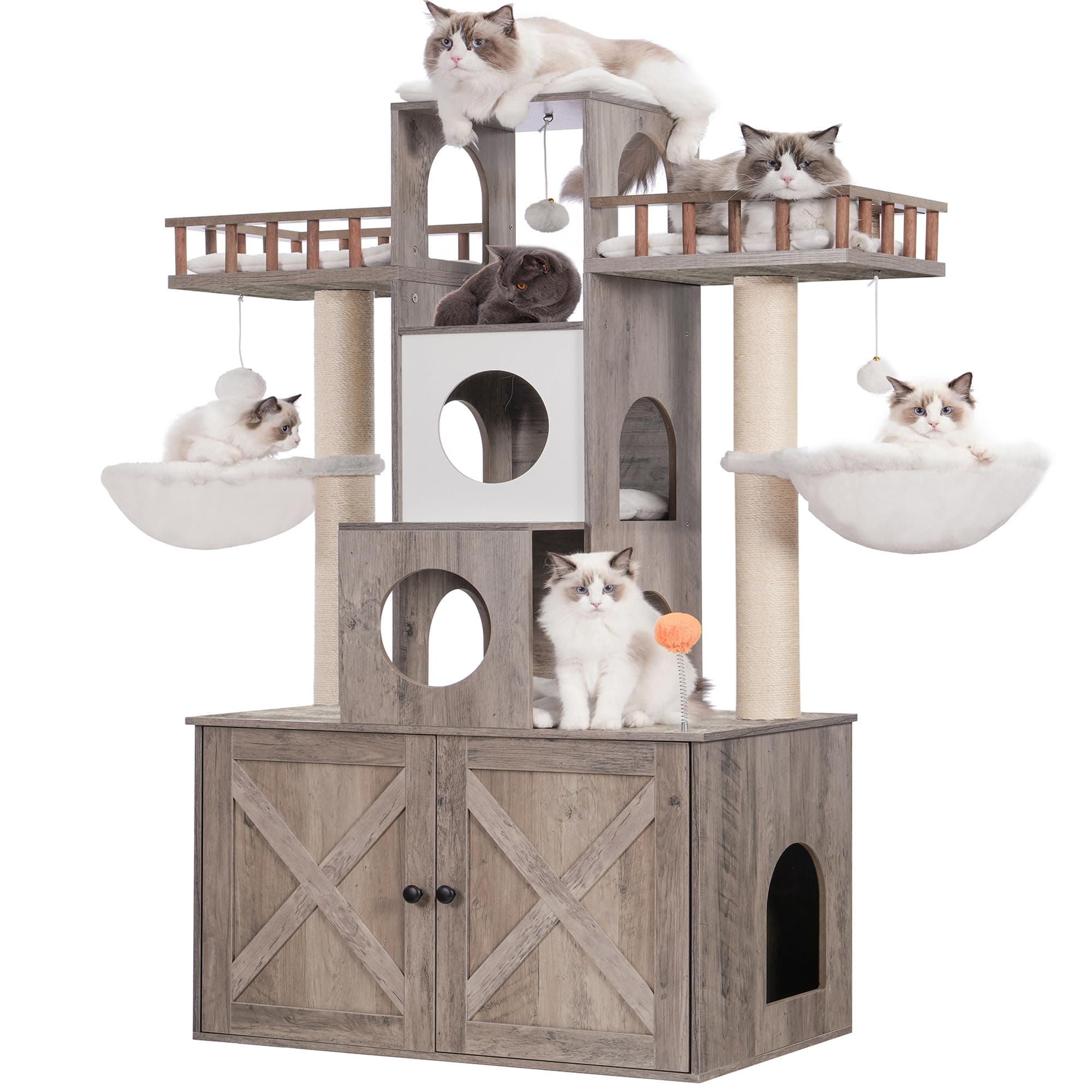 Heybly Cat Tree with Litter Box for Large Cats, Heavy Duty Indoor Cat Condo with Scratching Posts, Rustic Gray HCT110SG