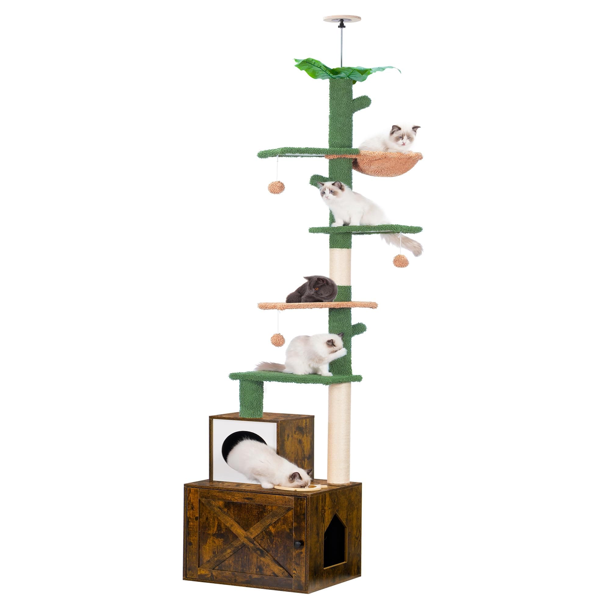 Adjustable Cactus Cat Tower with Cozy Basket and Scratching Board