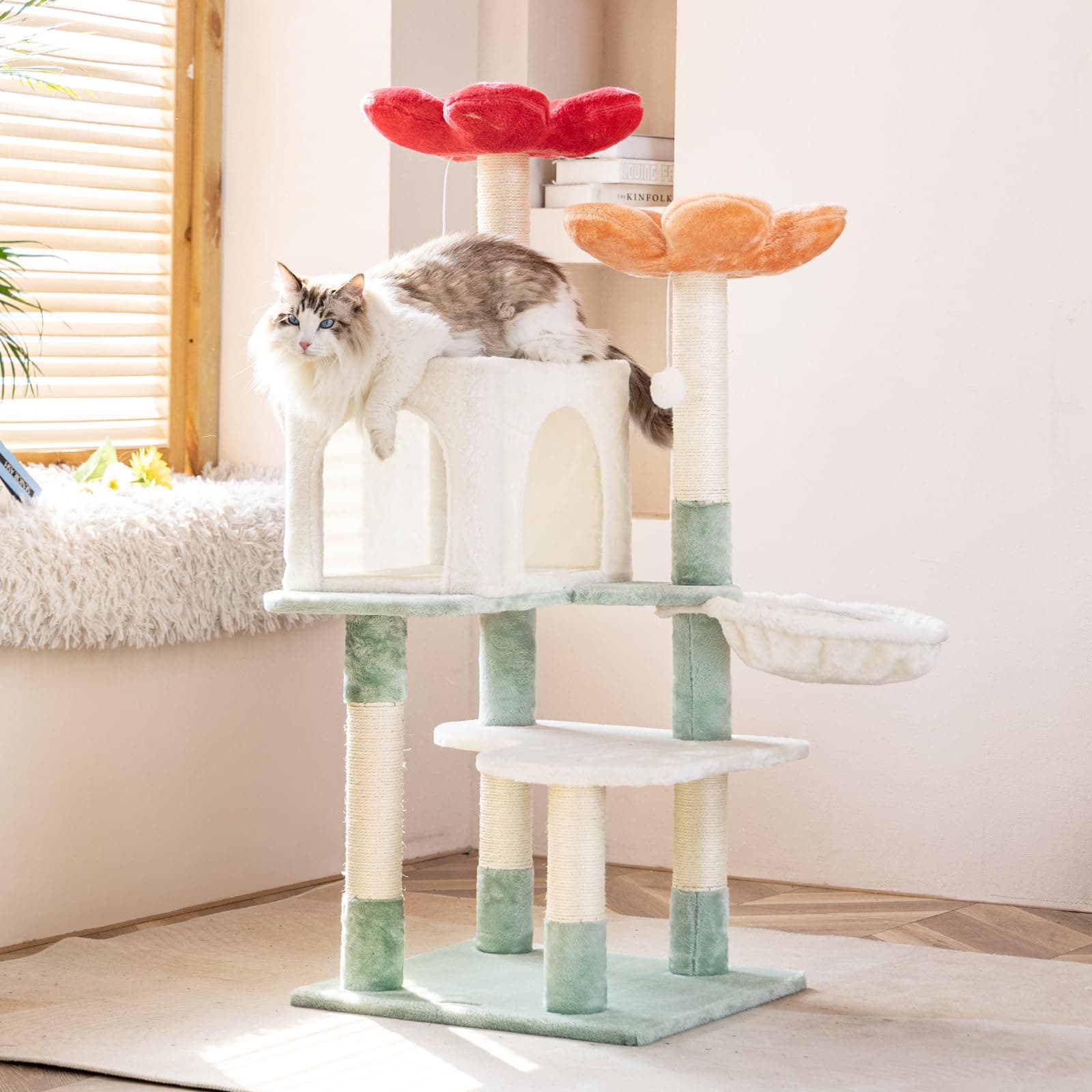 HYABI 48 Inch Modern Cat Tree Tower with Hanging Basket & Flowers