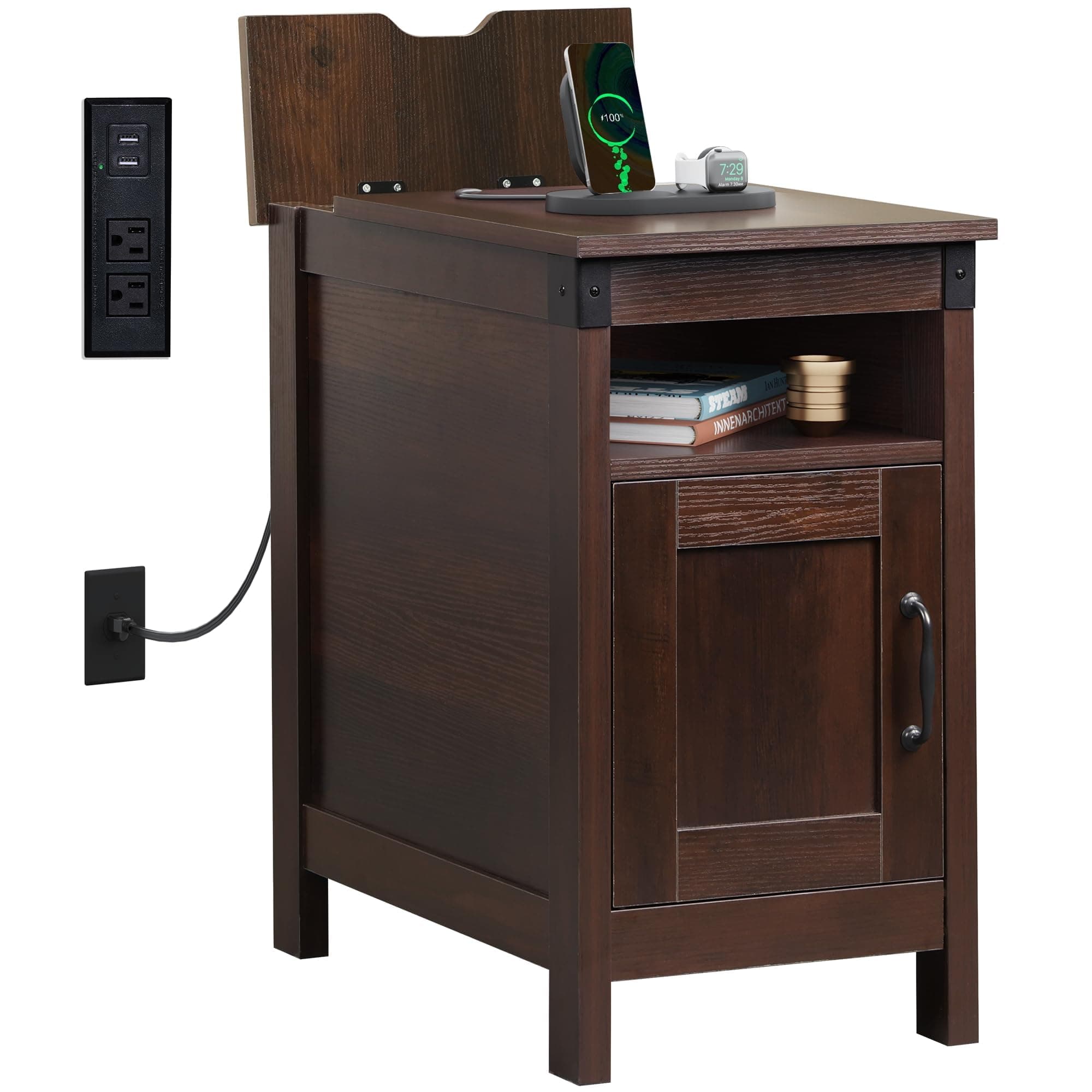 WLIVE Living Room End Table with Charging Station and Storage, Espresso Finish