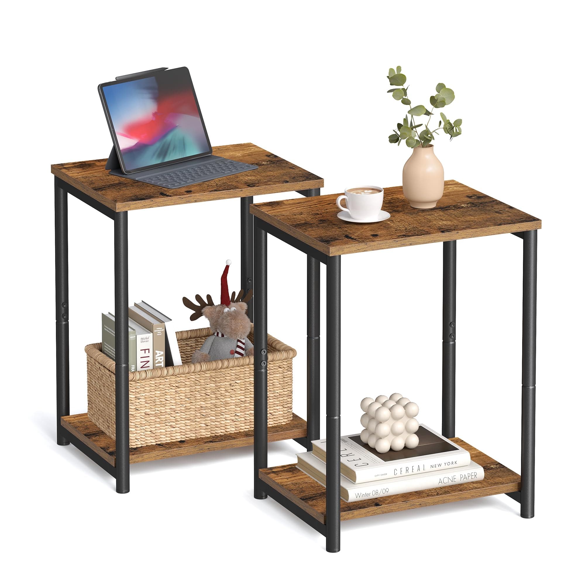 VASAGLE Rustic Brown & Black Side Table Set, Living Room, Bedroom, Office, Bathroom