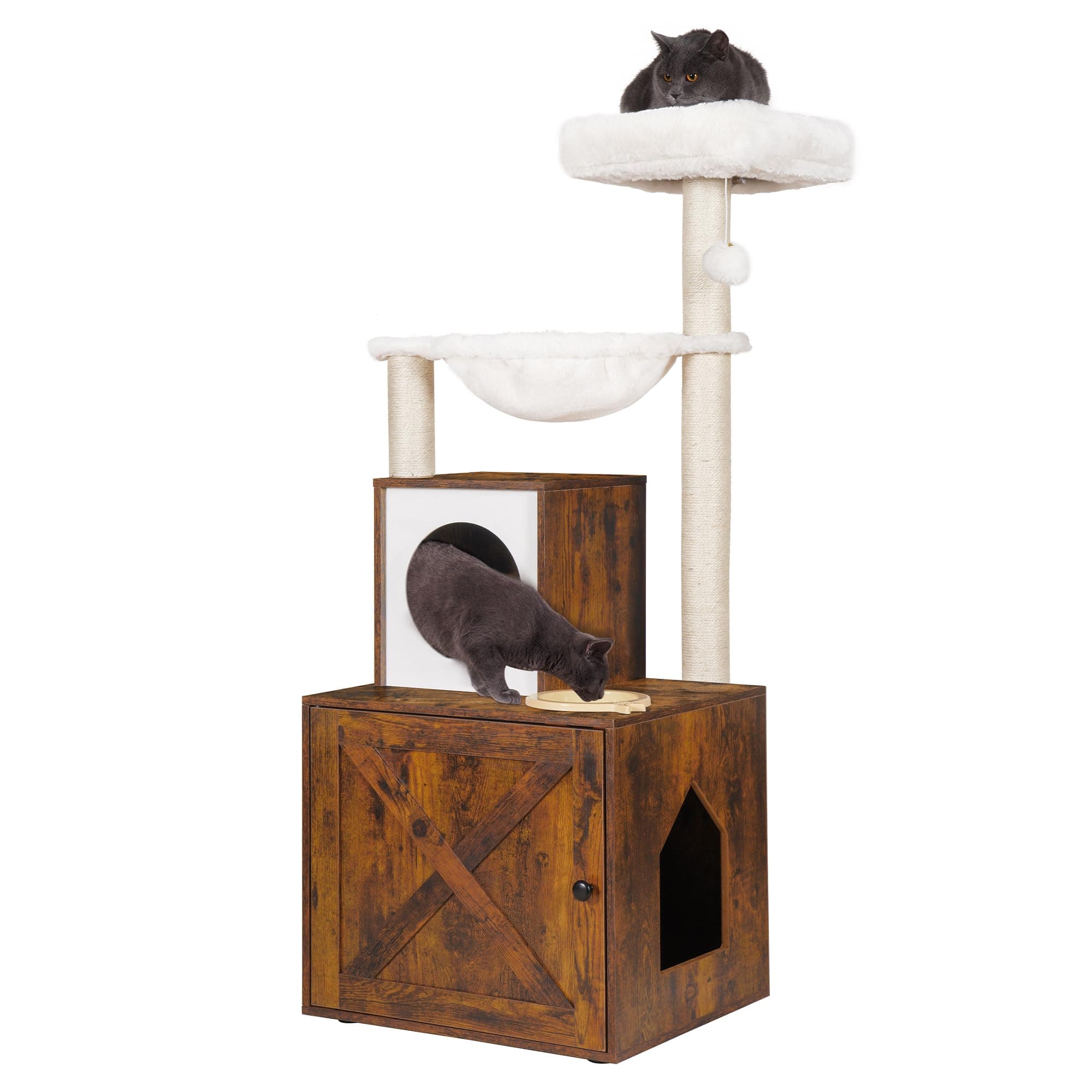 Modern Heybly Cat Tree with Litter Box Enclosure and Food Station