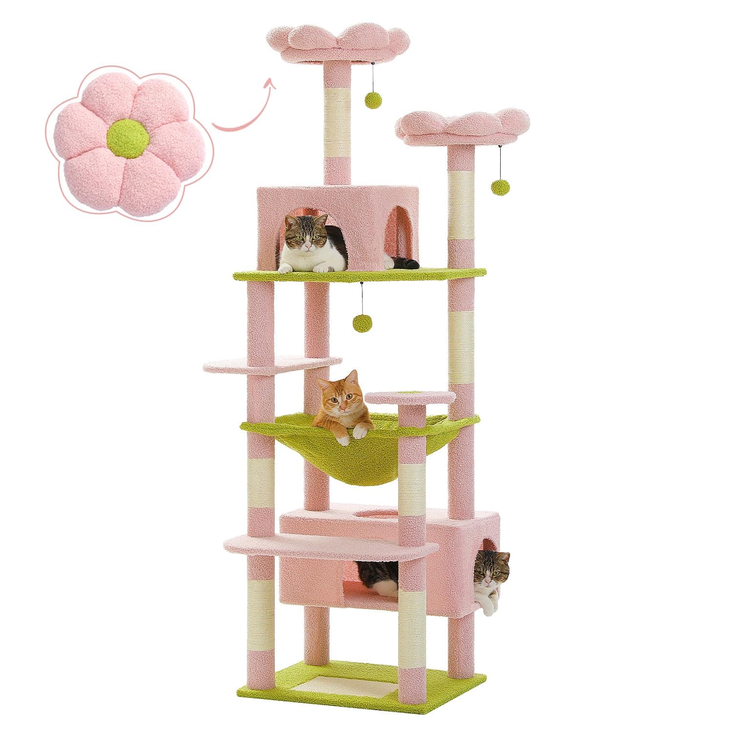 Large Pink Cat Tree with Hammock and Scratching Posts for Indoor Cats