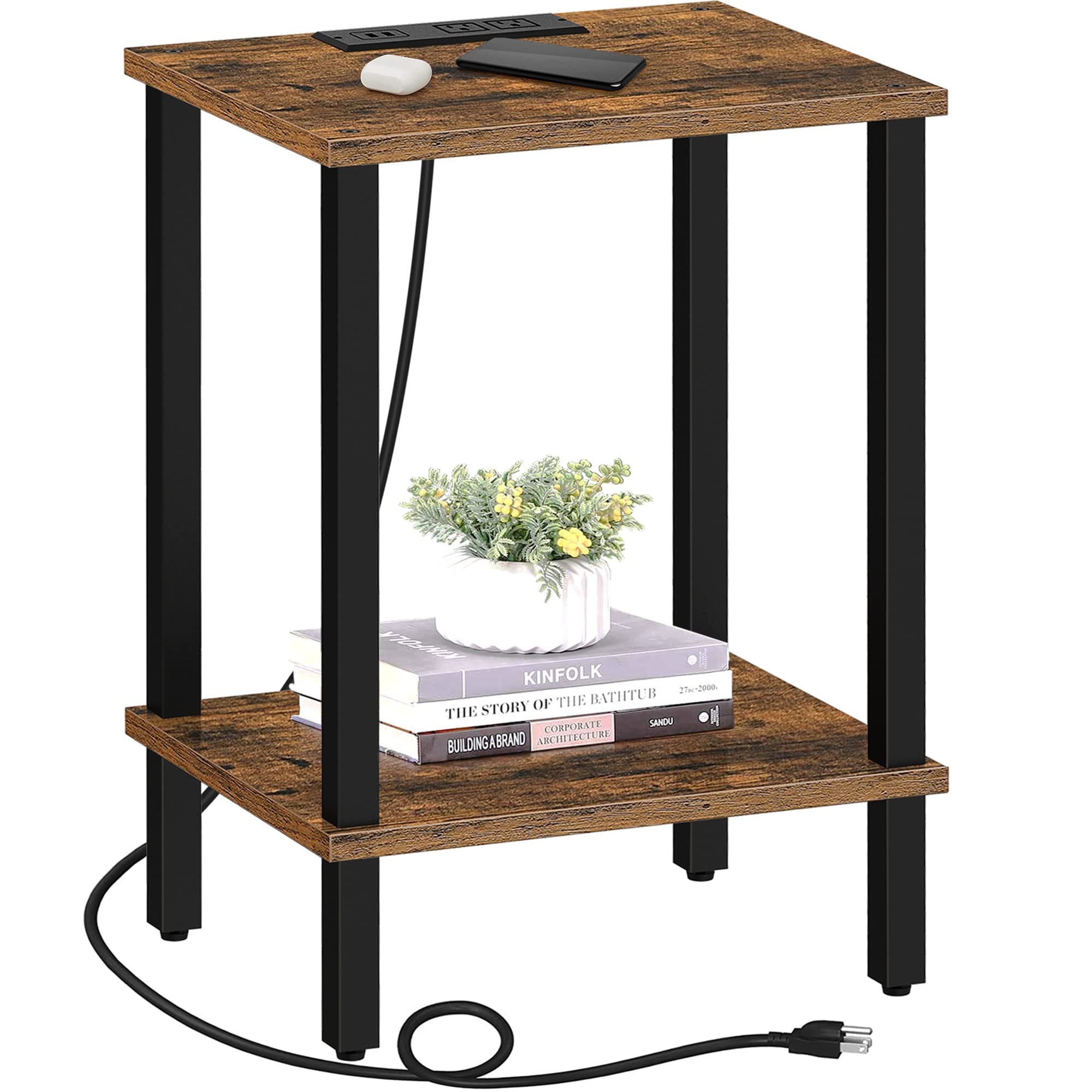 TUTOTAK End Table with Charging Station, 2-Tier Storage, USB Ports TB01BB040