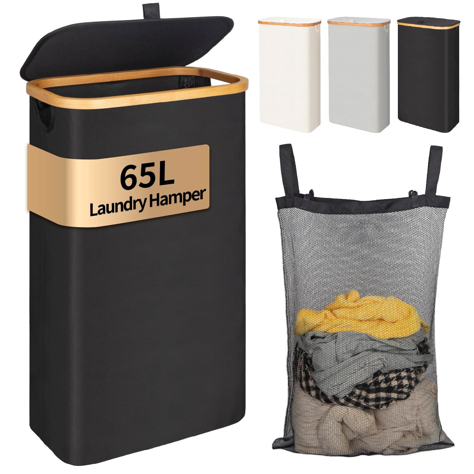 Large Black Foldable Laundry Hamper with Lid & Bamboo Handle