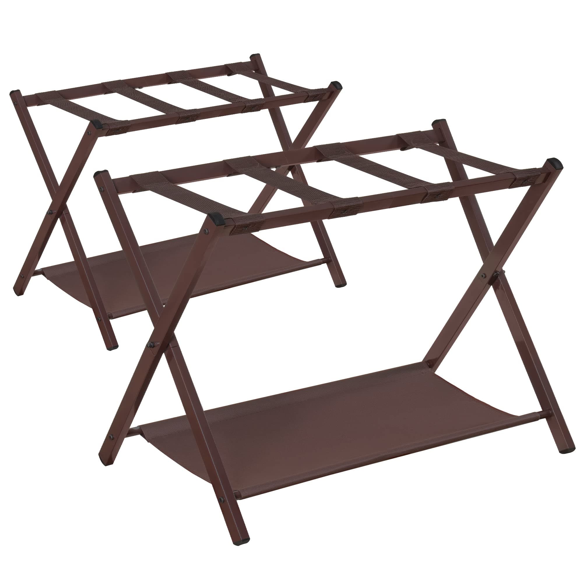 Luggage Rack Set of 2 for Guests, Steel Folding Suitcase Stand with Storage Shelf, Brown