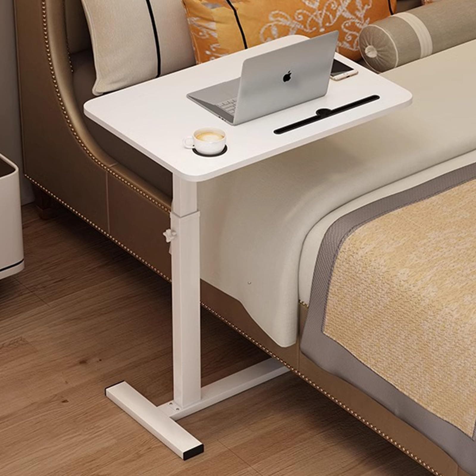 White Adjustable Overbed Table with Hidden Wheels & Cup Holder