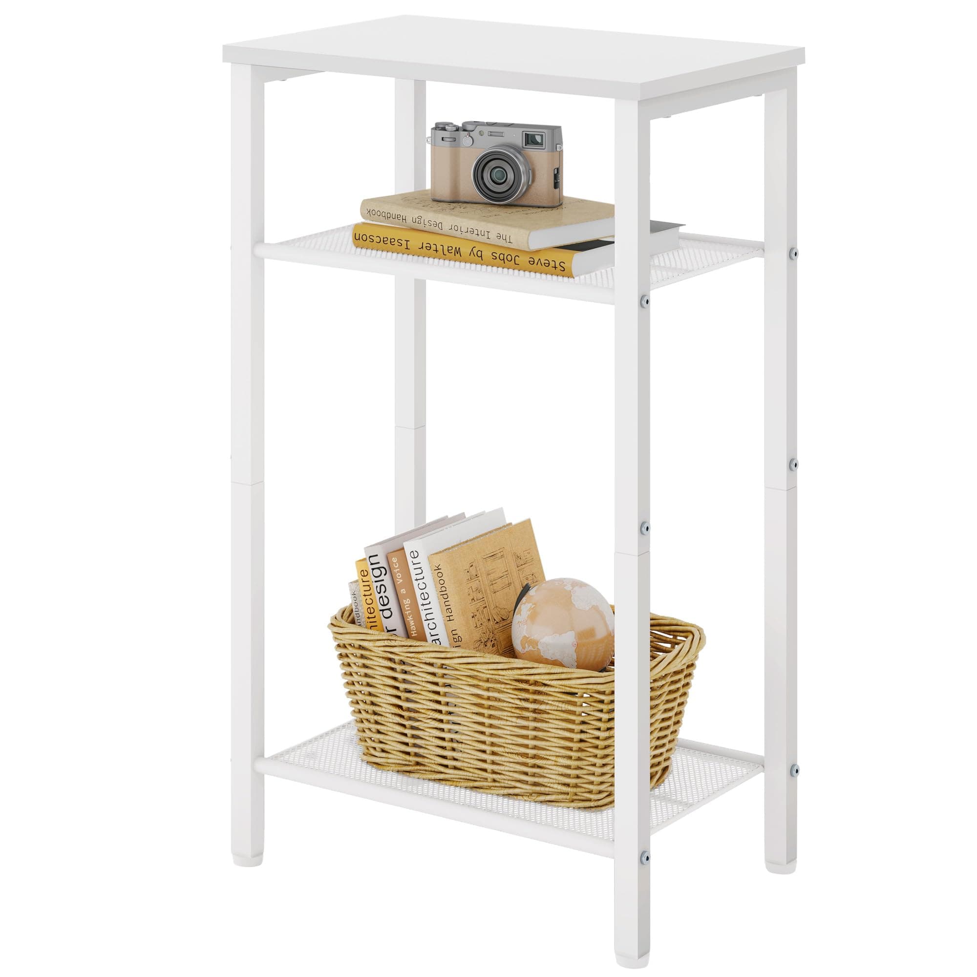 Hoctieon 3-Tier End Table with Storage, White Metal Frame, Living Room & Bedroom
