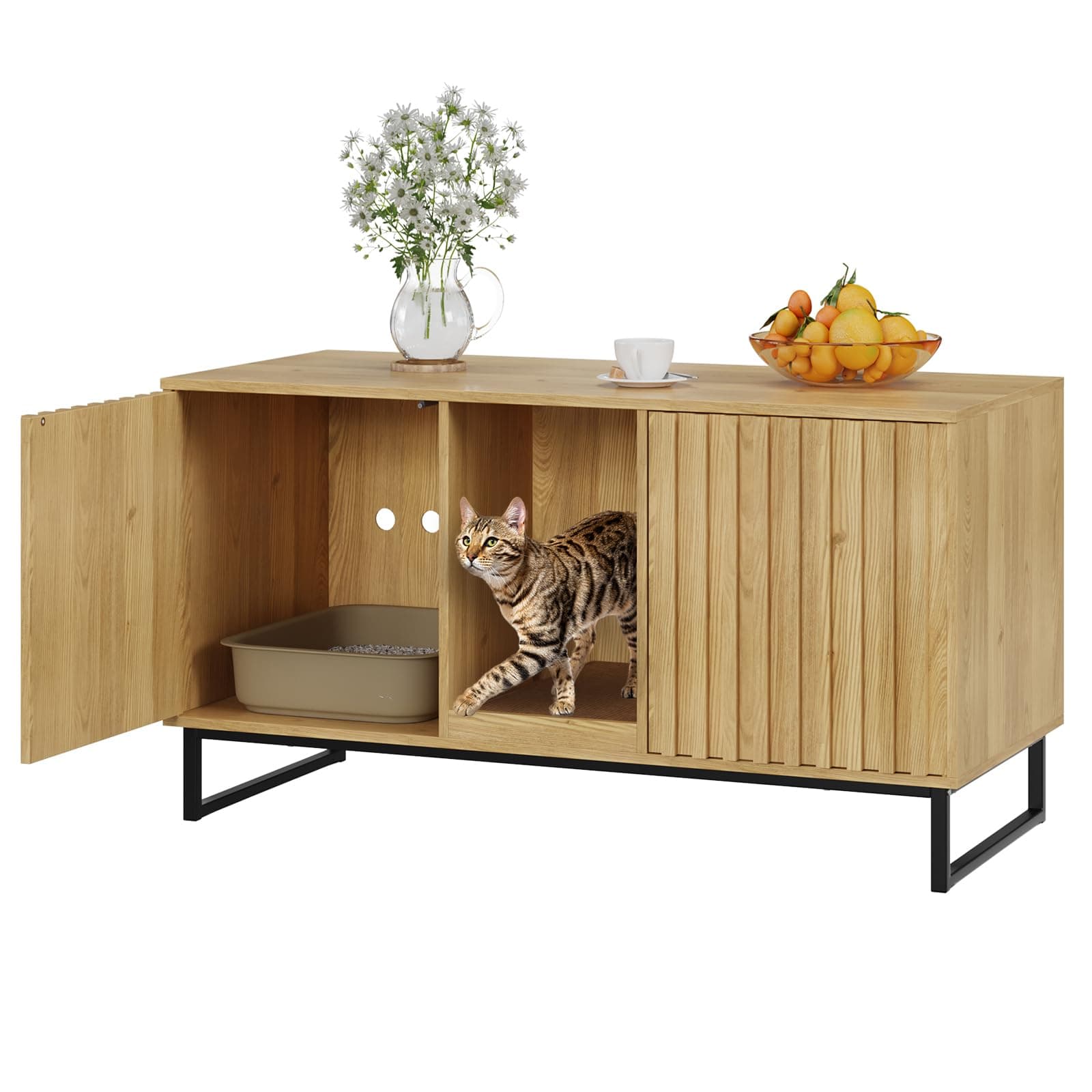2-Cat Litter Box Enclosure with Scratch Pad & Double Room Cabinet