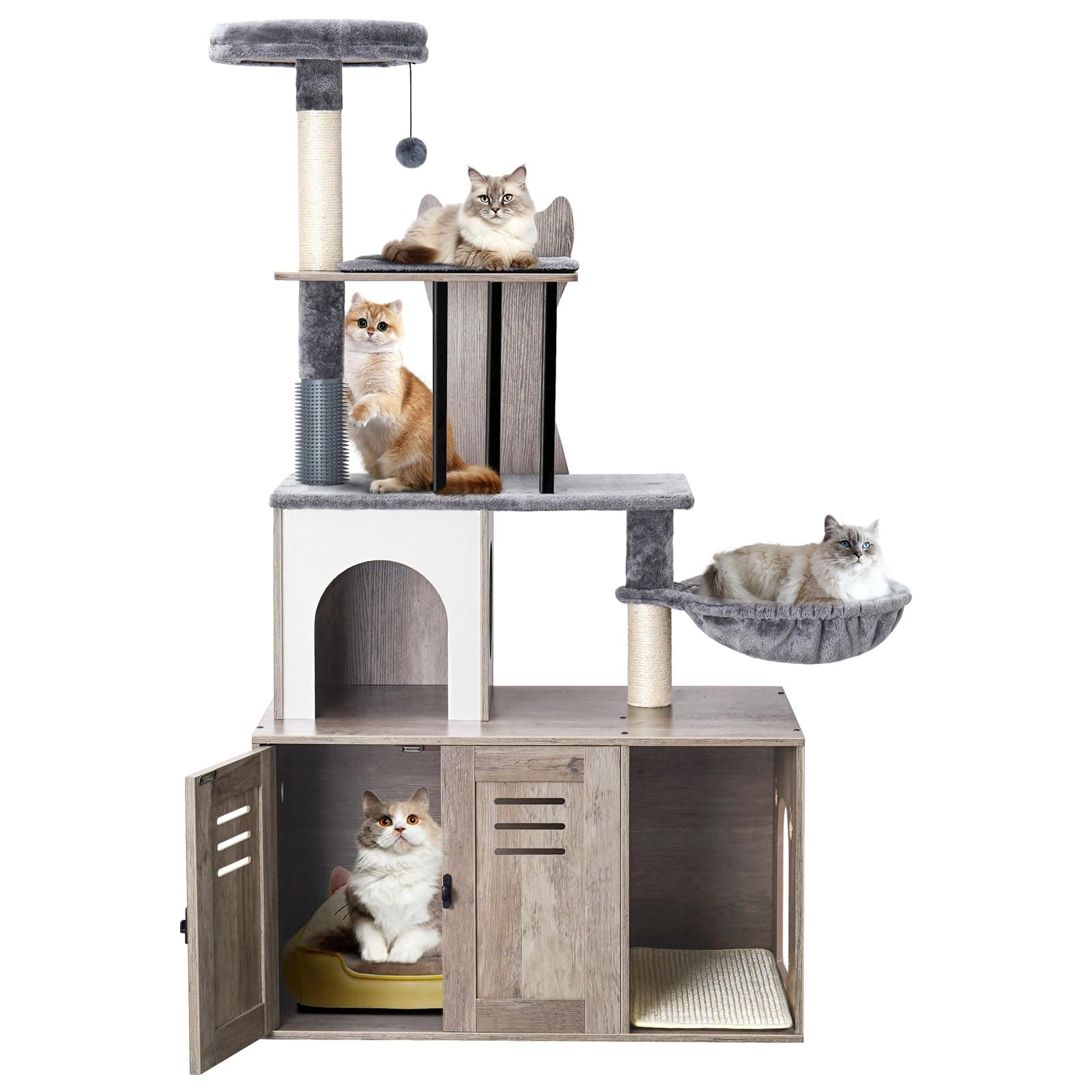 Modern 2-in-1 Cat Tree with Litter Box Enclosure for Indoor Cats, 58.66’’ Wood Condo with Scratching Post and Hammock, Grey