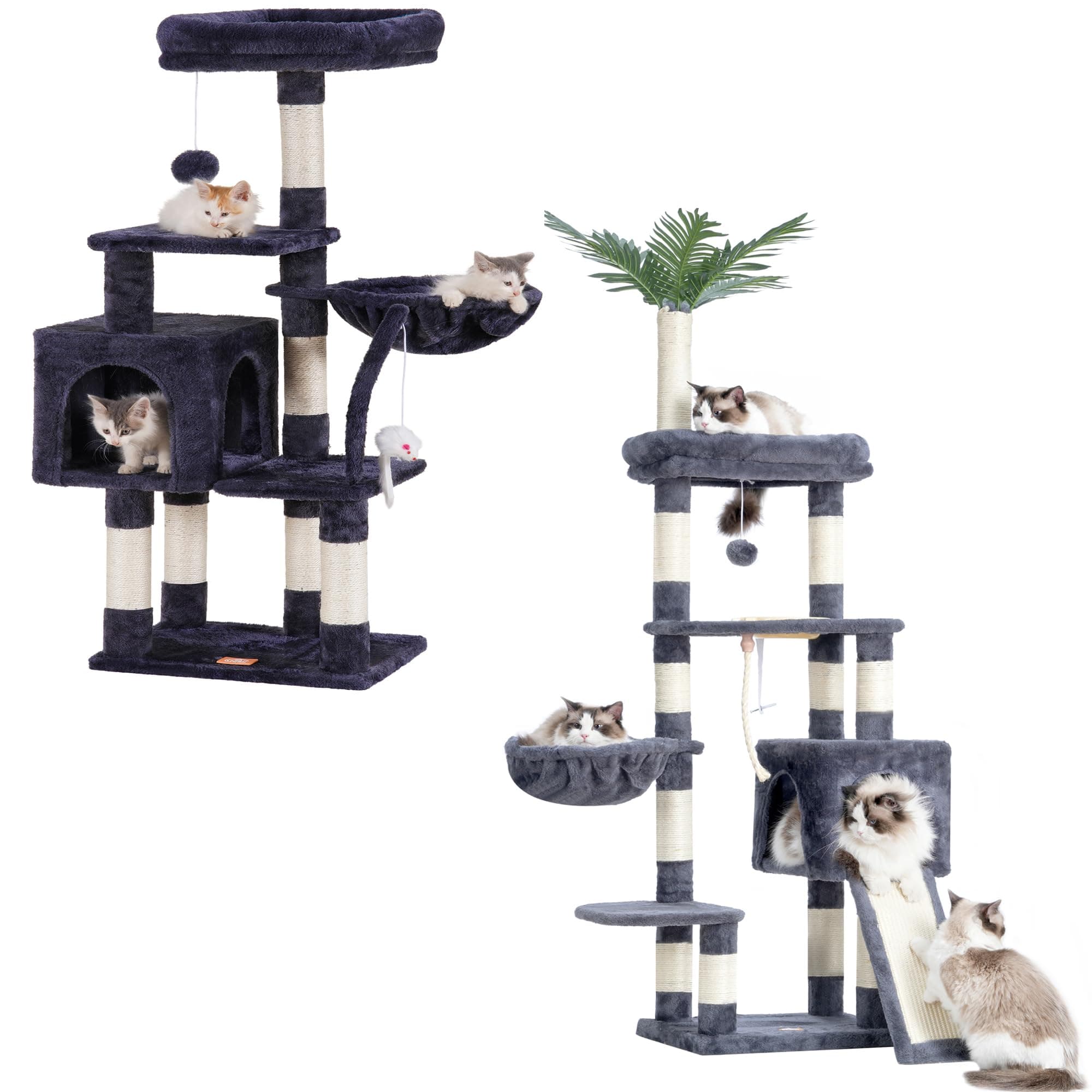 Heybly Cat Tree, 65.4 inches Cat Tower with Leaves Perches, Basket, Feeding Bowl, Plush Furniture