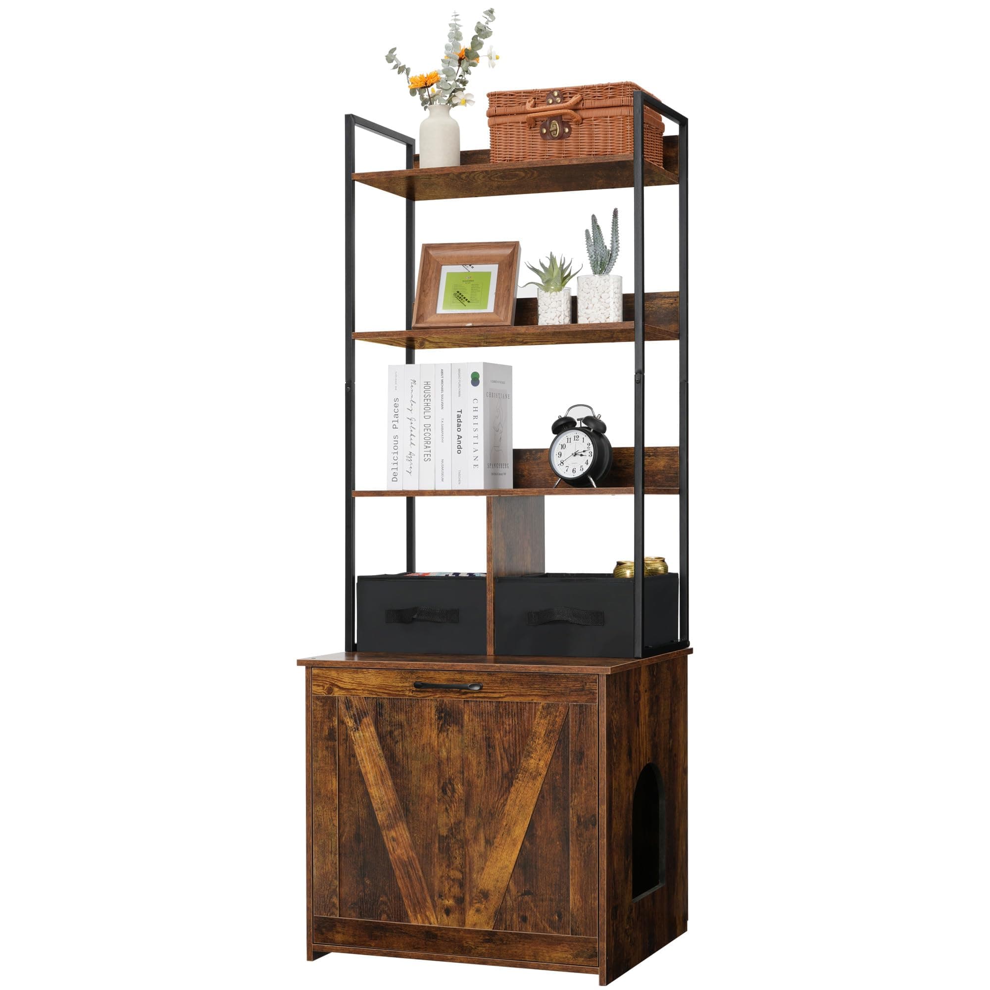 Dwanton Rustic Brown Cat Litter Box with 3 Shelves & 2 Drawers
