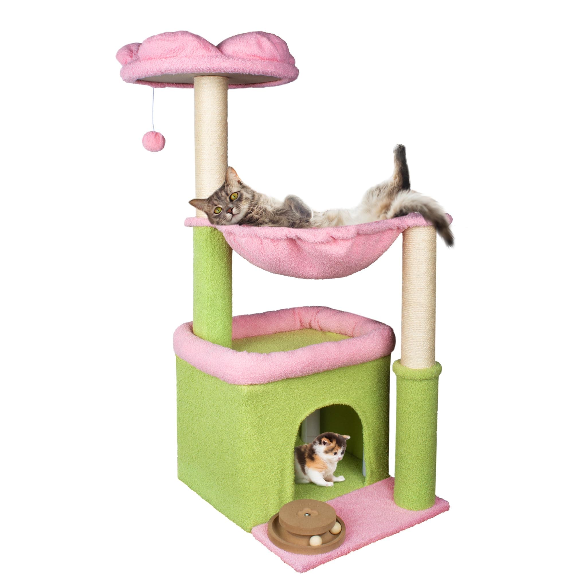 Pink Large Cat Tree with Hammock & Cat Condo - 39.4" Tall
