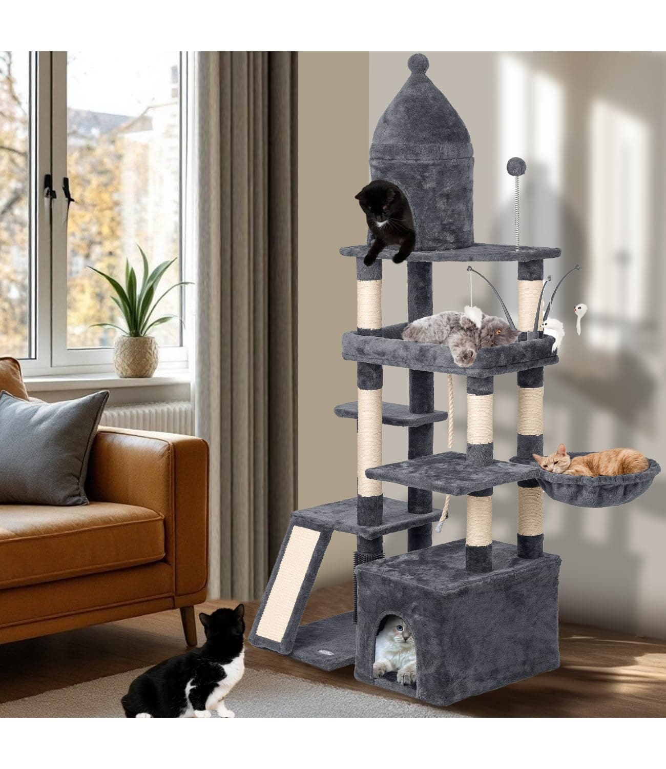 Large Cat Tree Tower, Scratching Post & Grooming Station, 72", Dark Grey