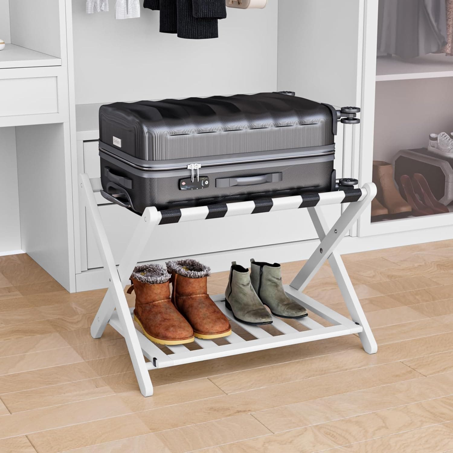 White Bamboo Luggage Rack, 5 Straps, Heavy Duty & Foldable, Shoe Shelf Included