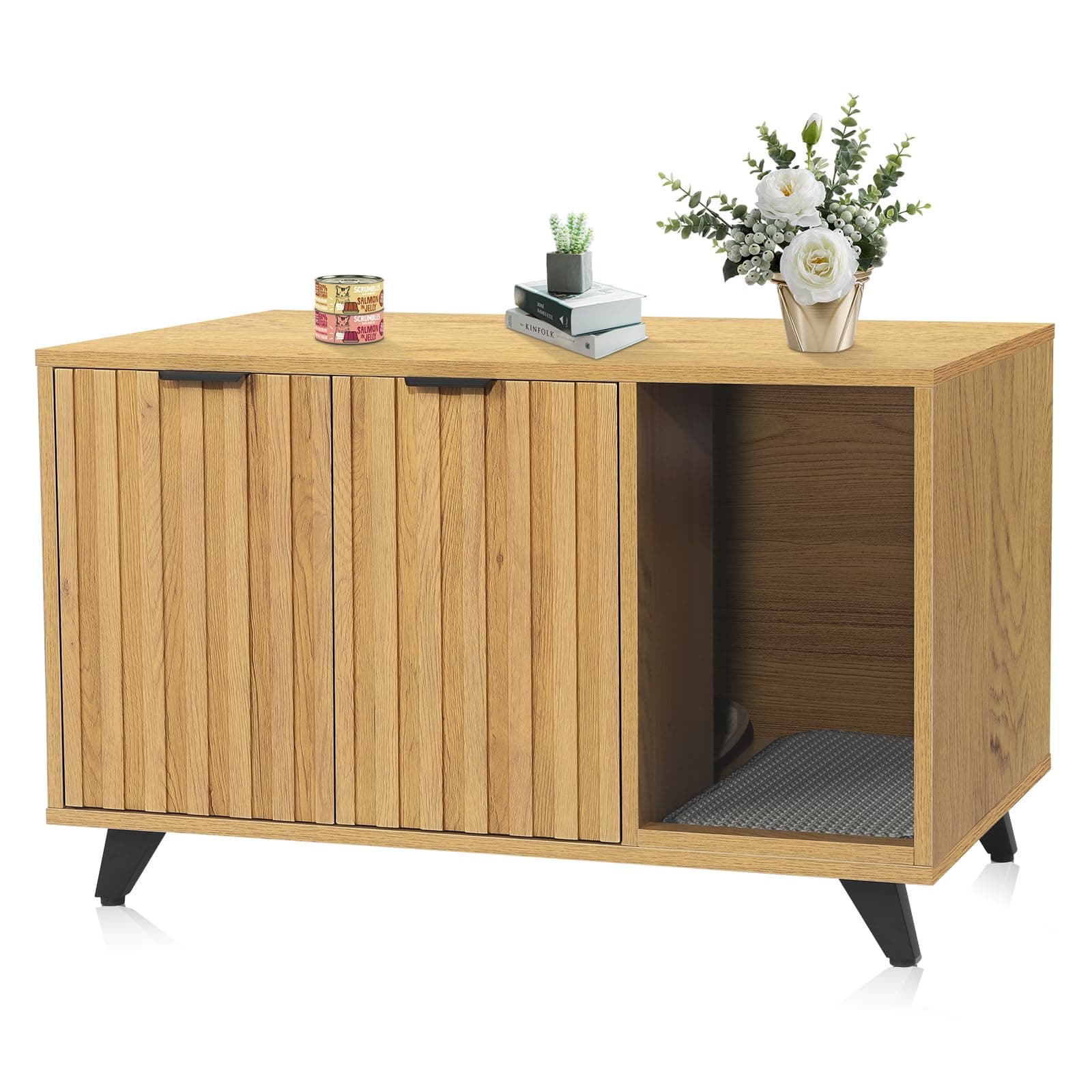 Modern Cat Litter Box Enclosure with Scratching Pad & Natural Oak Legs