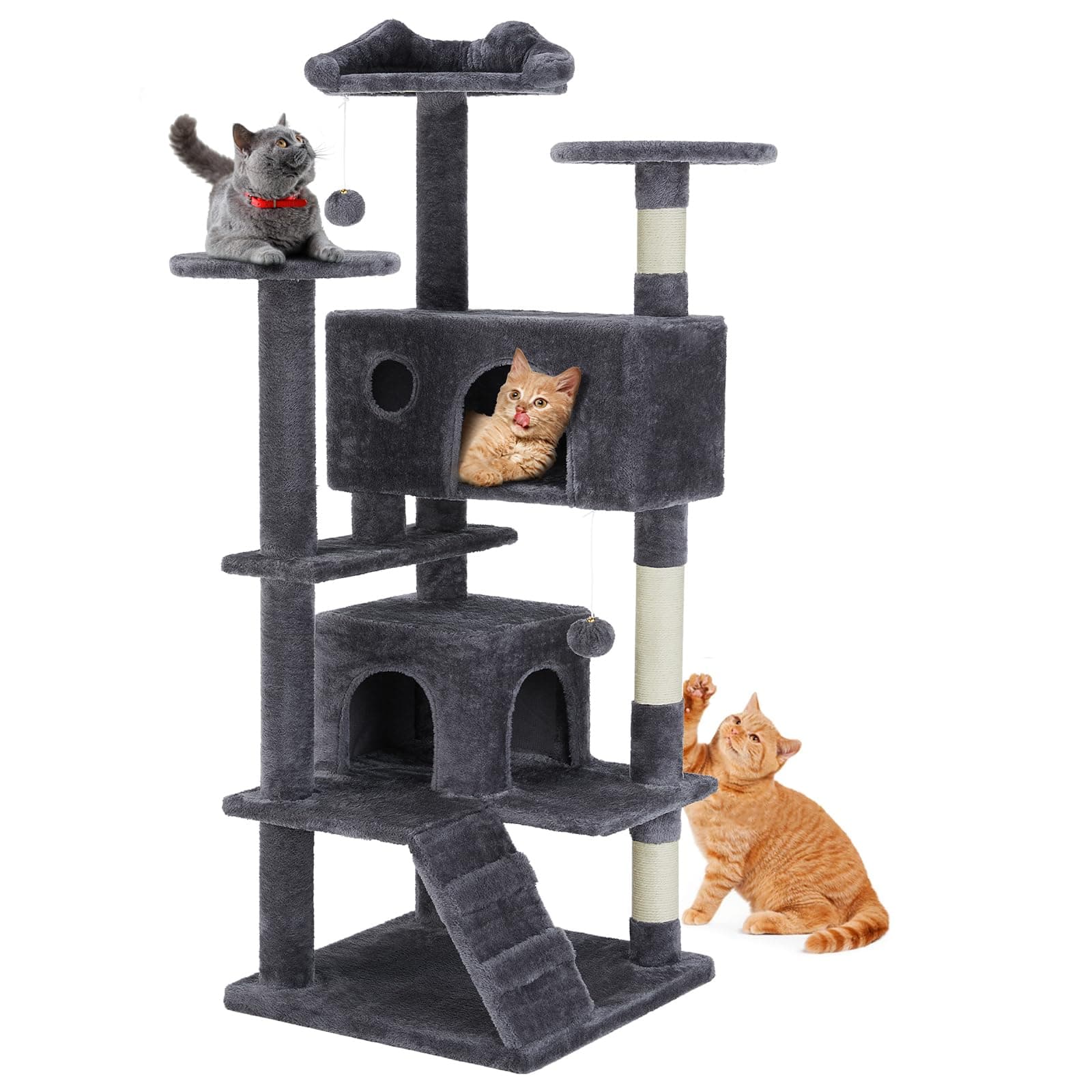DUMOS 54-inch Multi-Level Indoor Cat Tree with Condos & Scratch Posts – Dark Grey