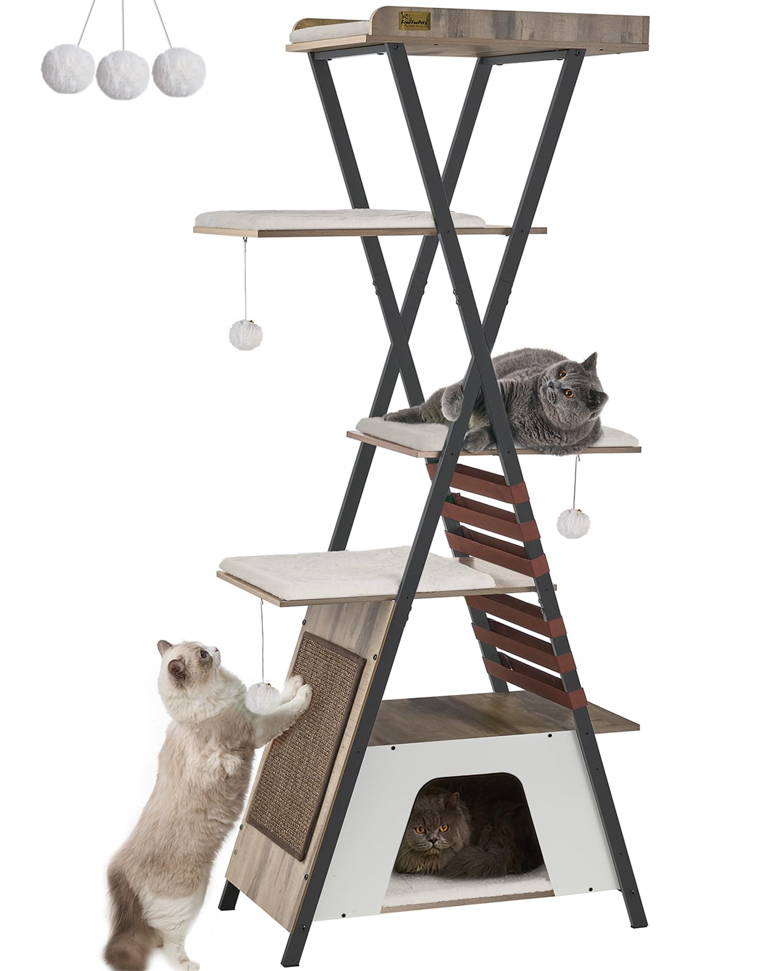 FourFurPets Camel Brown 72.4" Multi-Level Cat Tree with Scratching Board