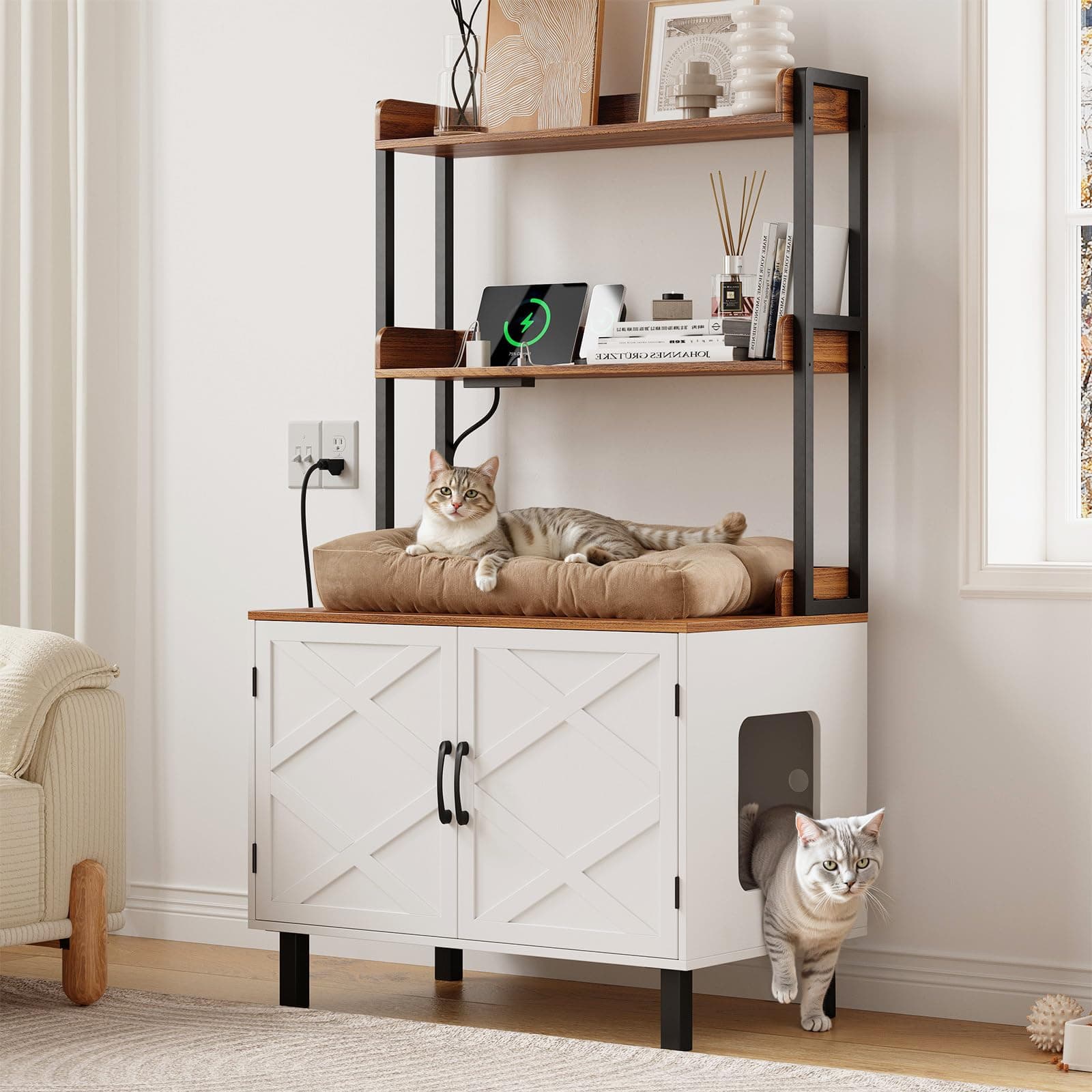 White 55 Inch Cat Litter Box with Storage & Charging, Wooden House for Livingroom & Entryway