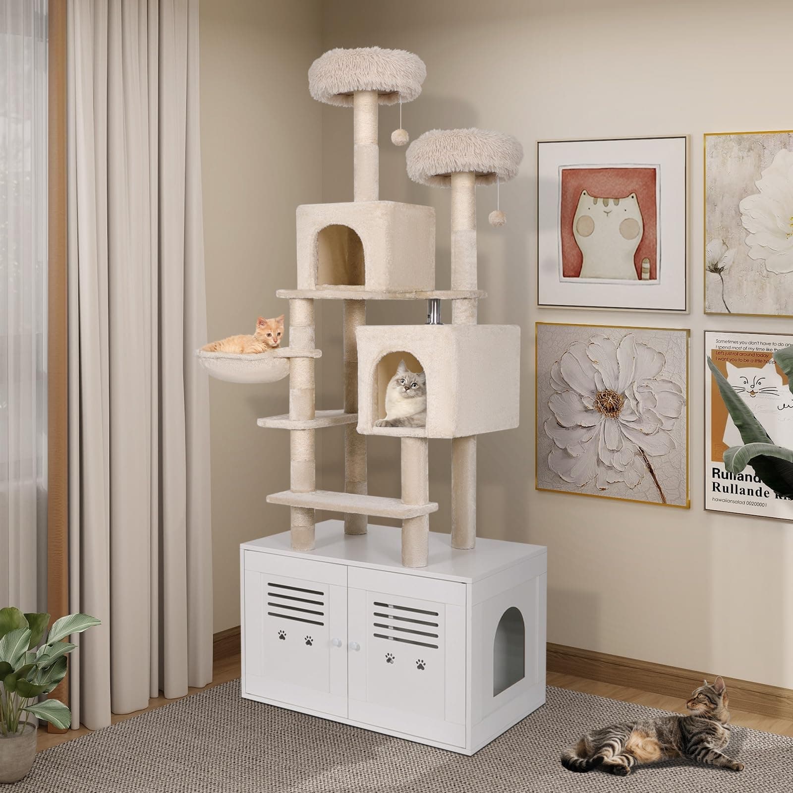 All-in-One Wooden Cat Tree with Litter Box Enclosure, 76.8 Inch Tall Condo with Hammock and Scratching Posts, White