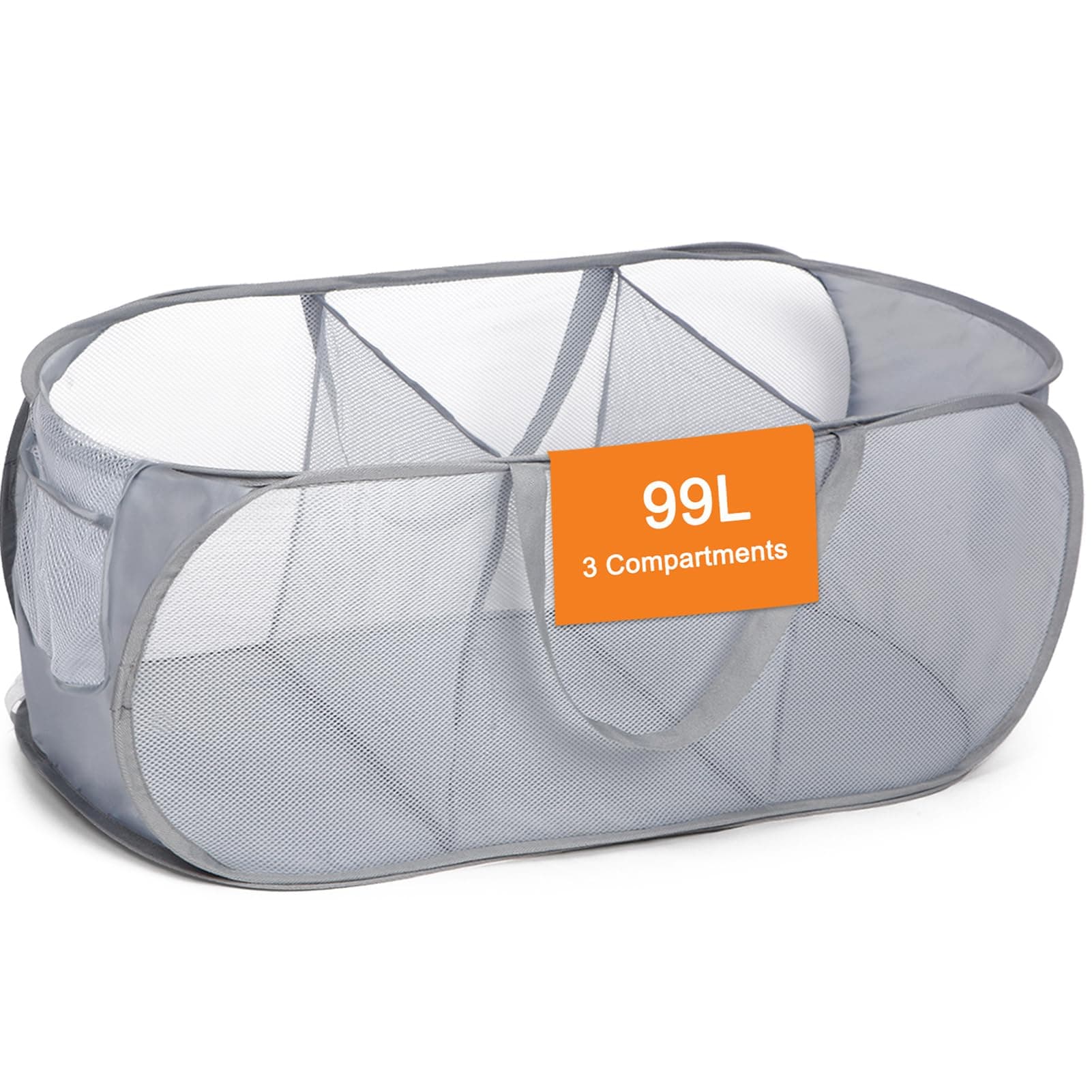 Sturdy 3-Compartment Collapsible Laundry Hamper with Handy Pocket - Grey