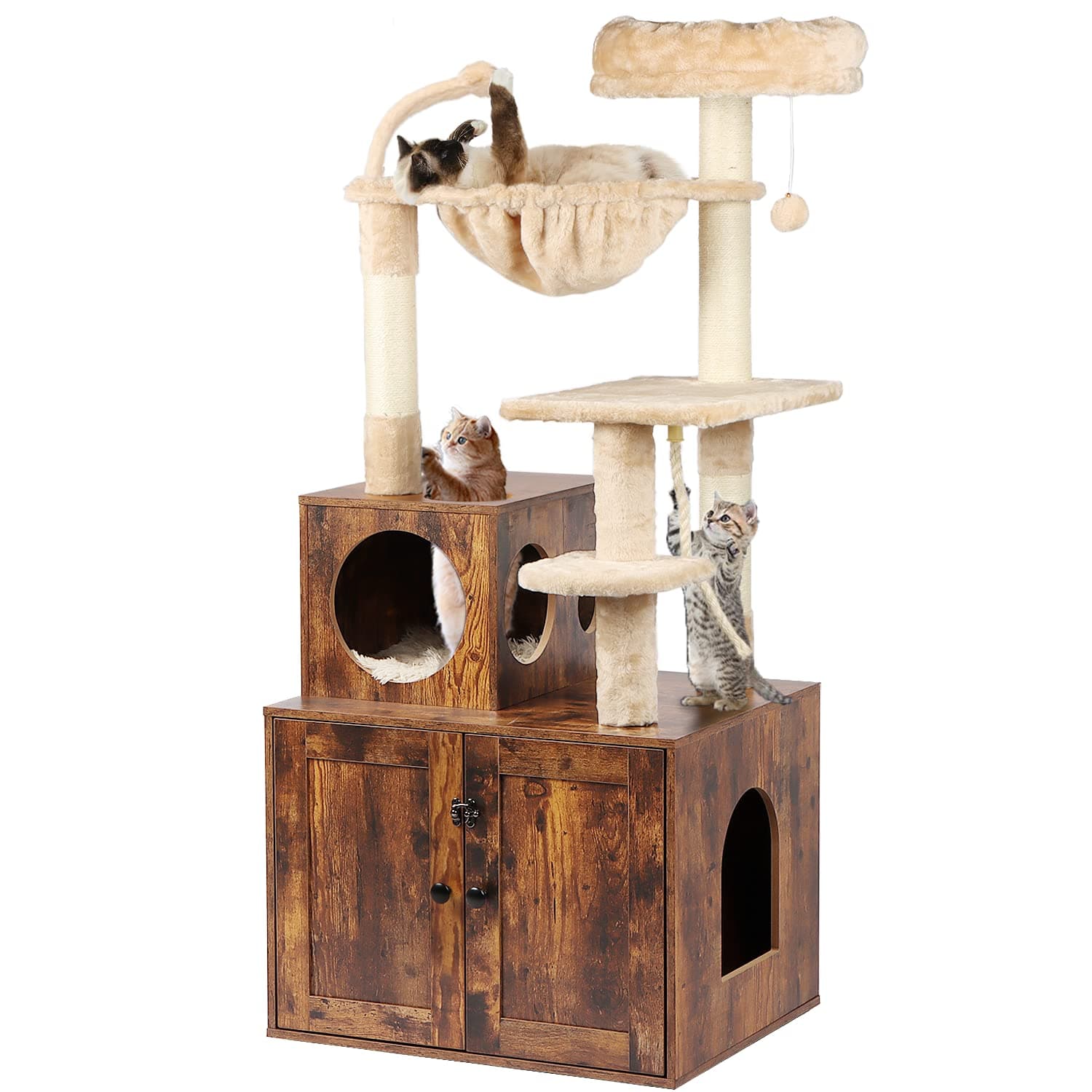 2-in-1 Cat Tower with Litter Box Enclosure and Large Furniture, Rustic Brown