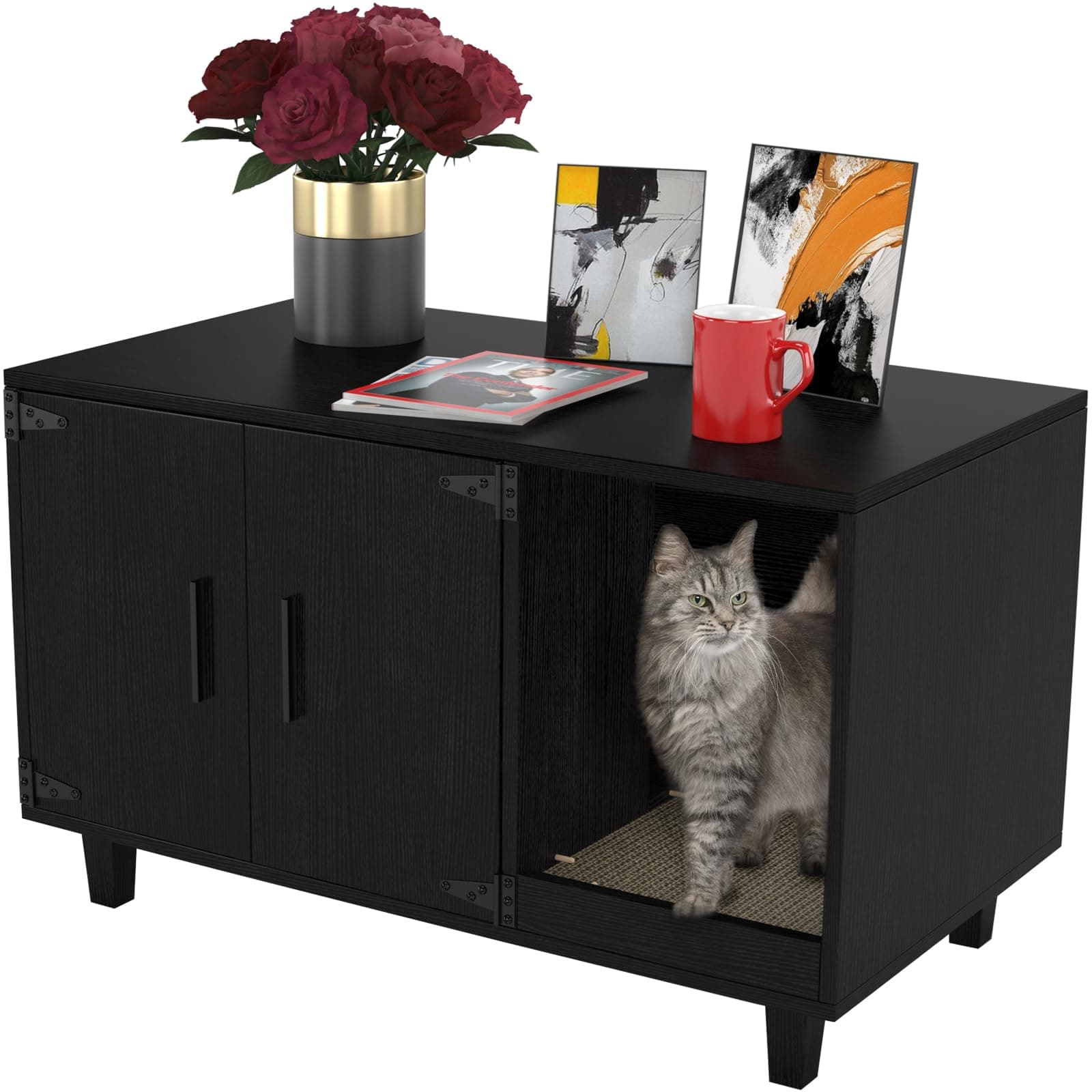 GDLF Modern Wood Pet Crate withScratch Pad & Nightstand (Black)