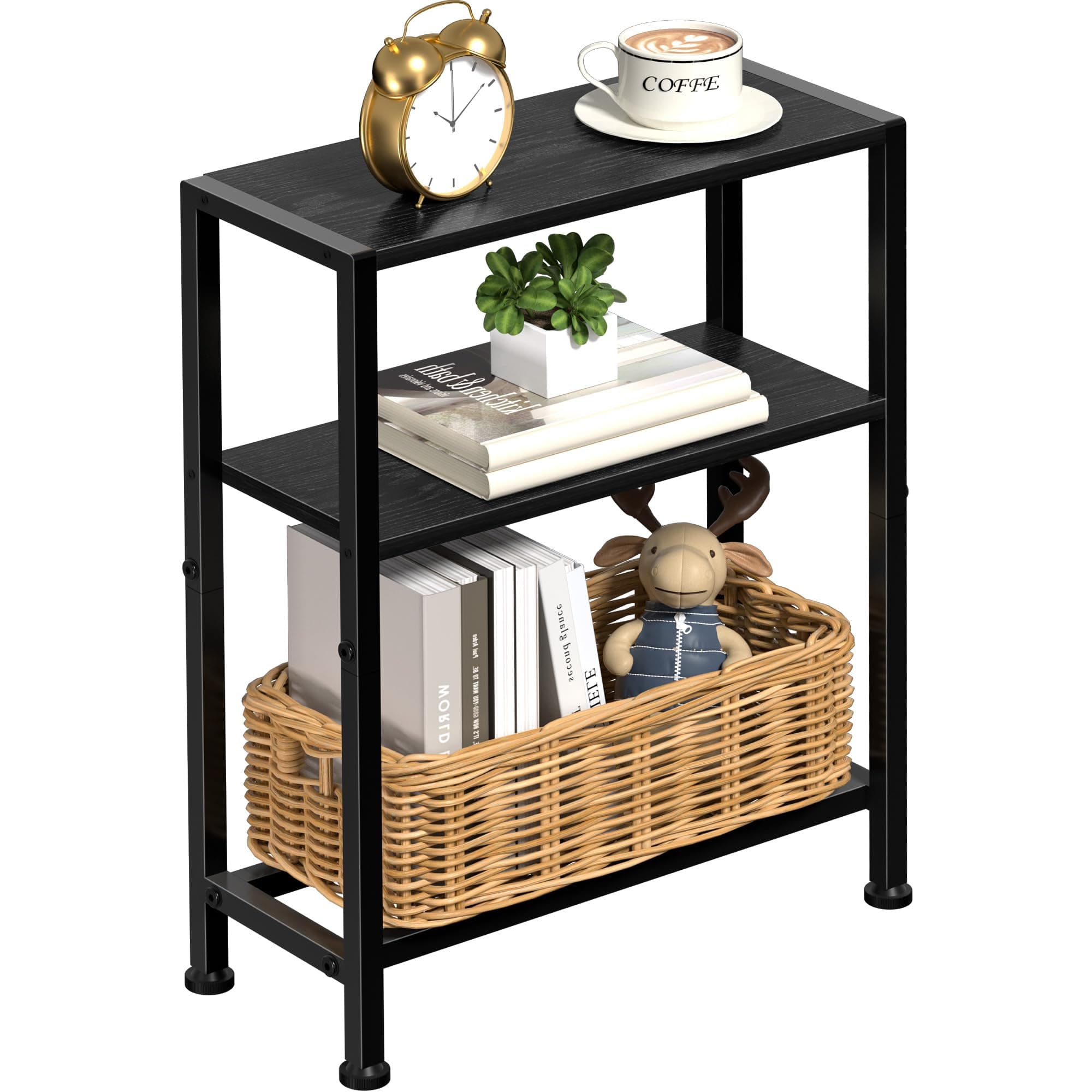 Slim Black 2-Tier Side Table for Small Spaces in Living Room, Bedroom, and Kitchen