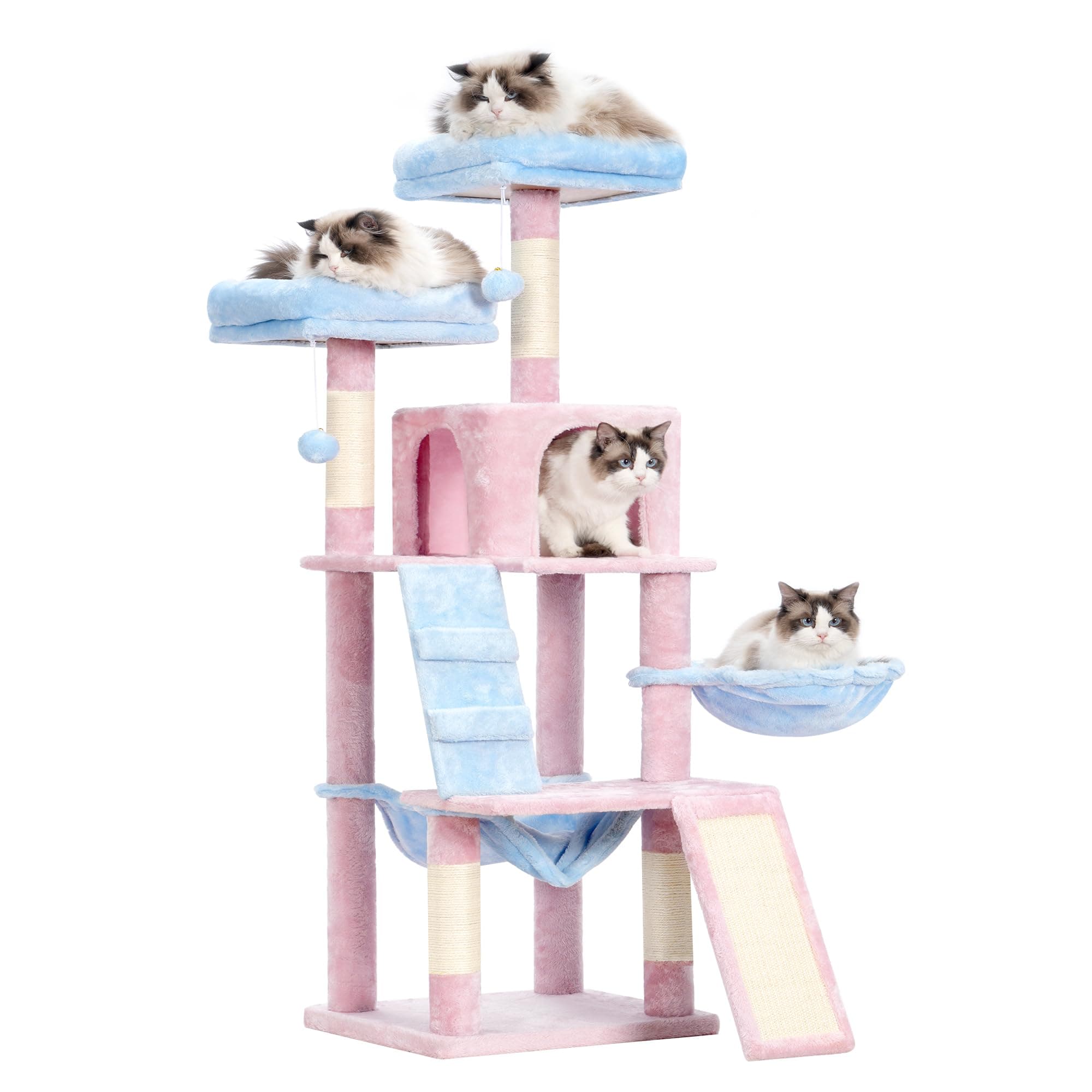 Indoor Cat Tree with Multiple Levels, Perch, Cozy Basket, and Scratching Board in Blue and Pink