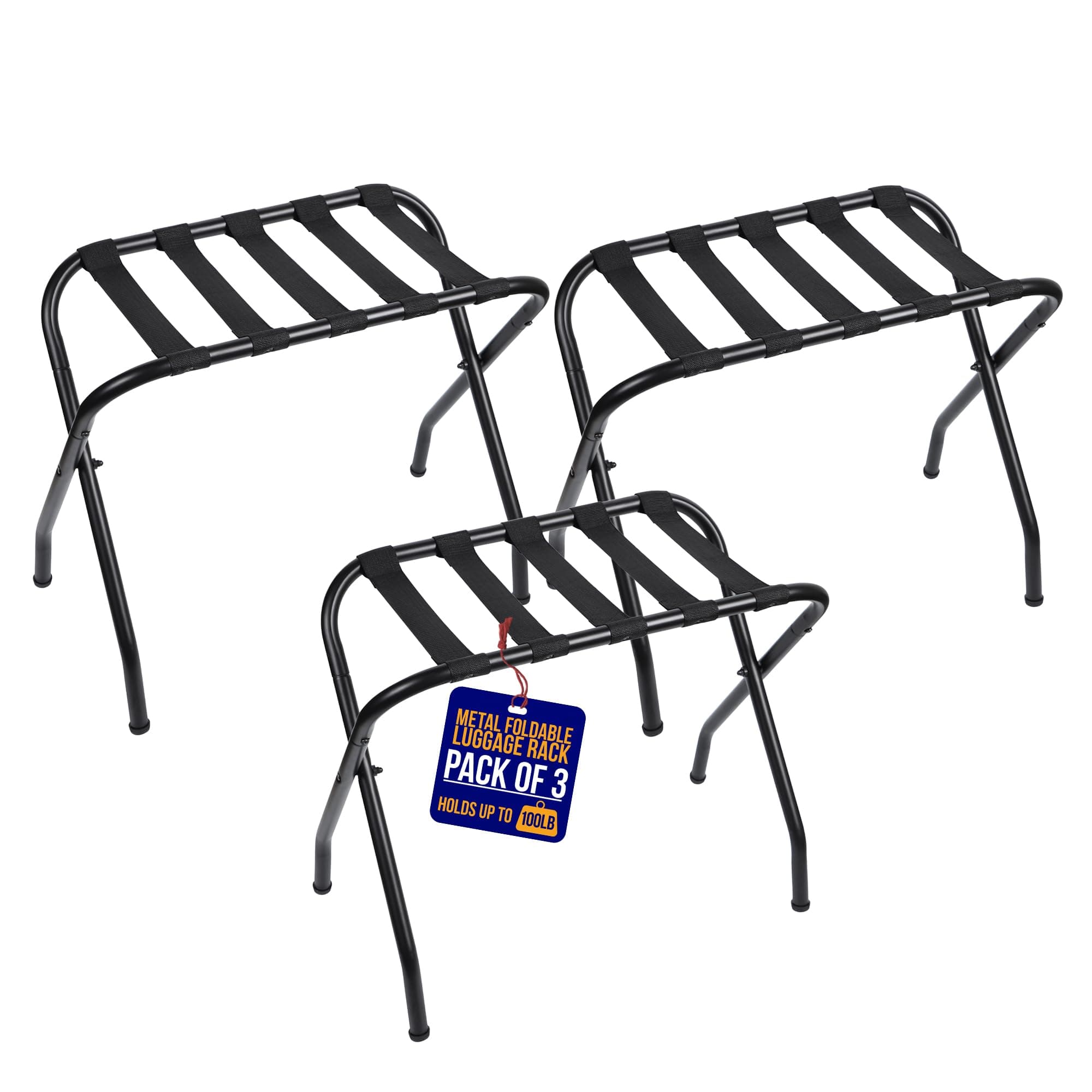 Black Foldable Metal Luggage Rack - Pack of 3, Space Saving & Stylish