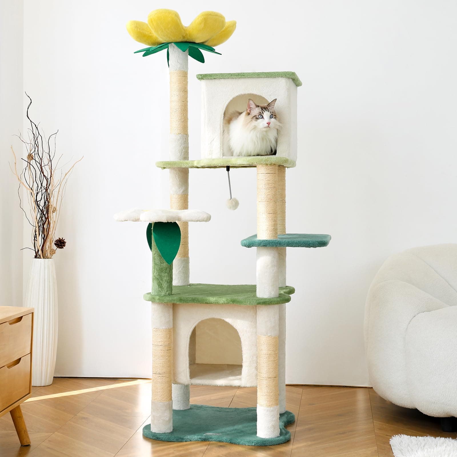 HYABI 64.5-Inch Tall Avocado Flower Cat Tree Tower with Scratching Posts & Plush Ball