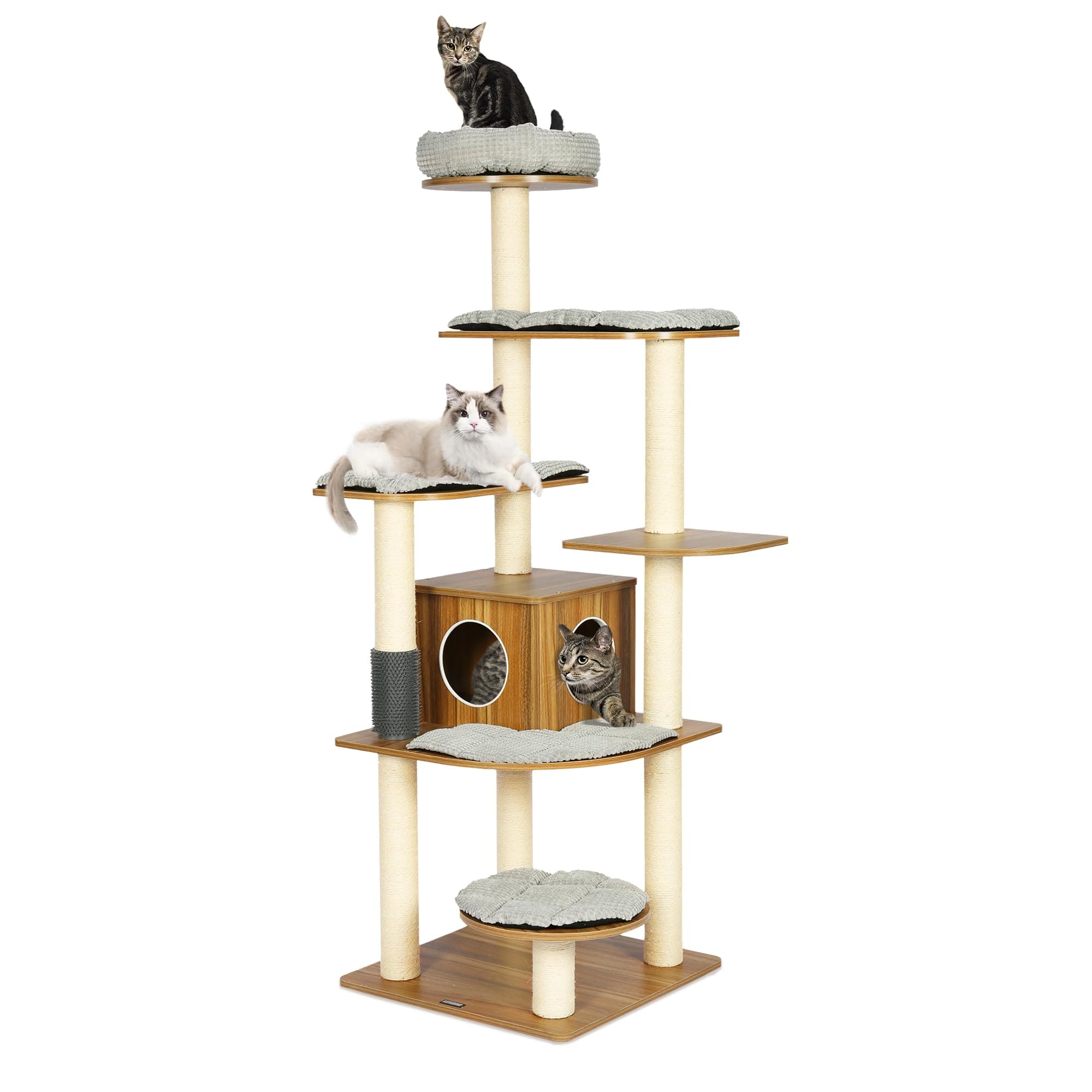 Tall Wood Cat Tree with Sisal Posts, 69" Multi-Level Platforms, Heavy Duty for Large Cats
